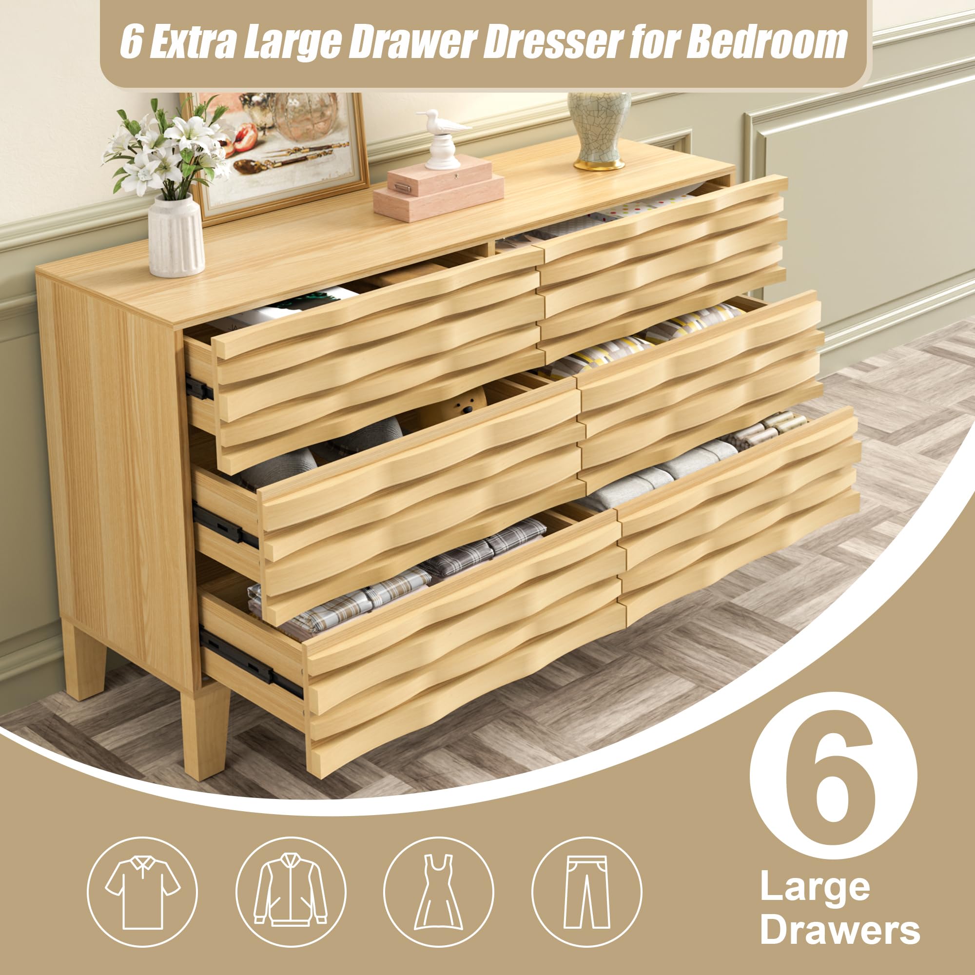 Mid Century Modern 6-Drawer Dresser and Nightstand Set - Solid Wood Bedroom Furniture with Fluted Design & Moire Pattern - Ivory White Storage Set for Master Bedroom, Guest Room, or Apartment