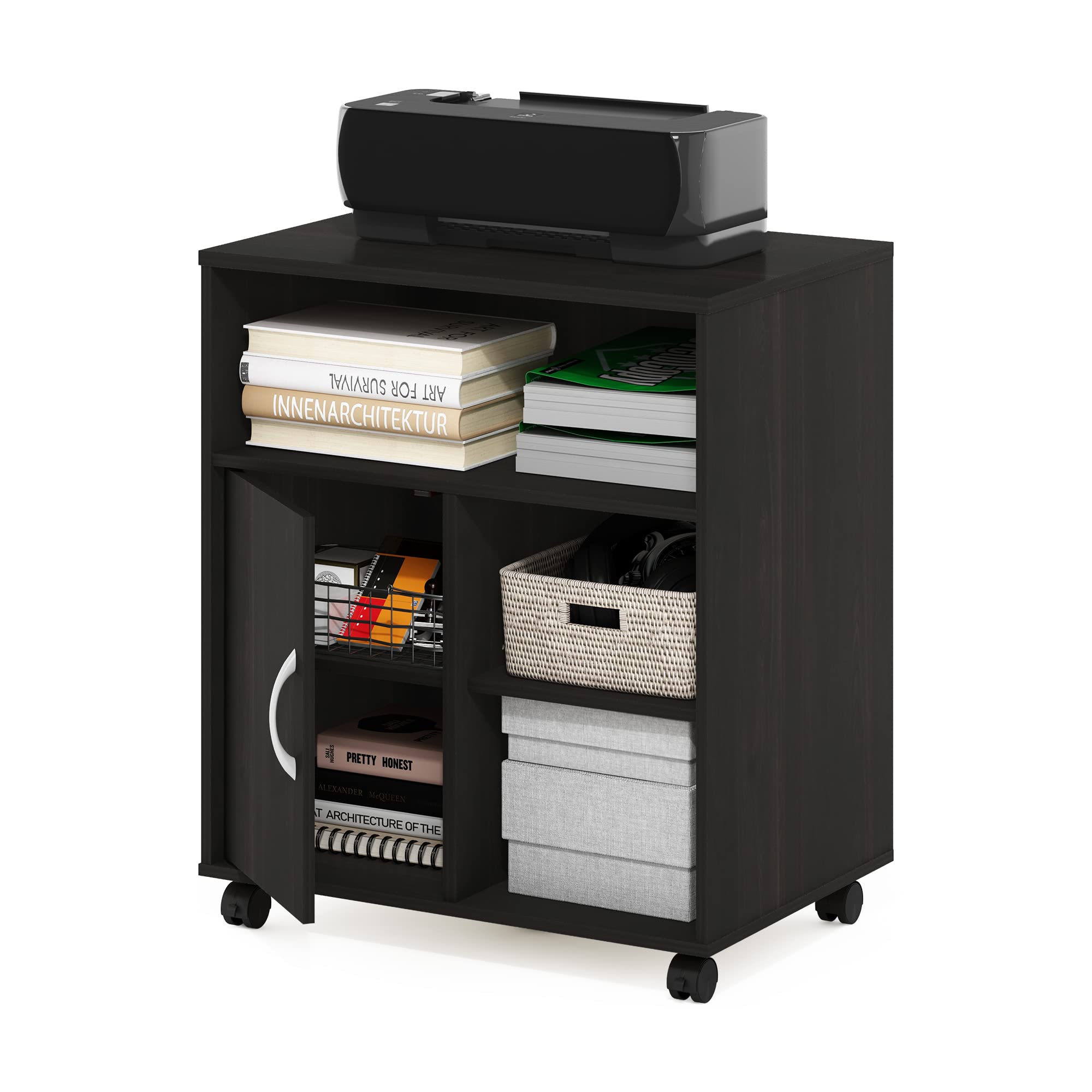 Furinno Econ Home Office Under Desk Printer Holder with Wheels - Espresso Cabinet for Printer Storage & Organization - Perfect for Small Spaces, Home & Office Use