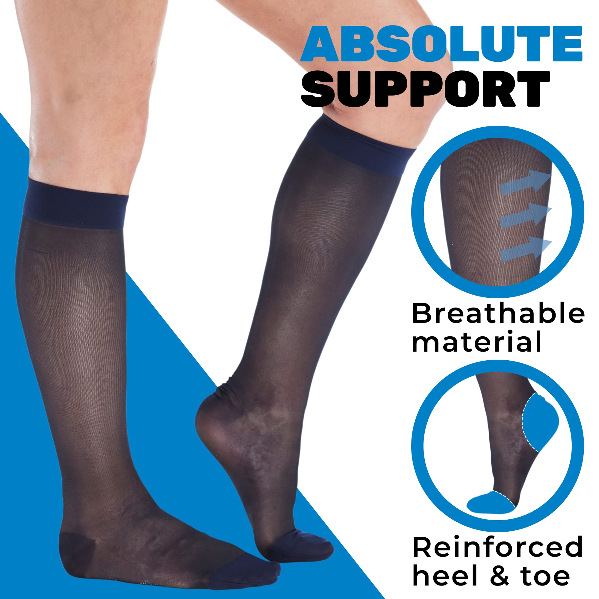 Absolute Support 15-20mmHg Sheer Compression Stockings for Women (3 Pack) - USA Made Medical Socks for Varicose Veins, Circulation & Travel Comfort