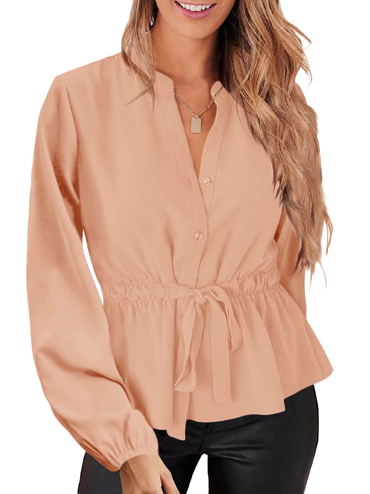 Women's Chiffon Long Sleeve Blouse - Elegant Peplum Solid Top & Dressy Button Down Shirt for Office, Party & Casual Wear