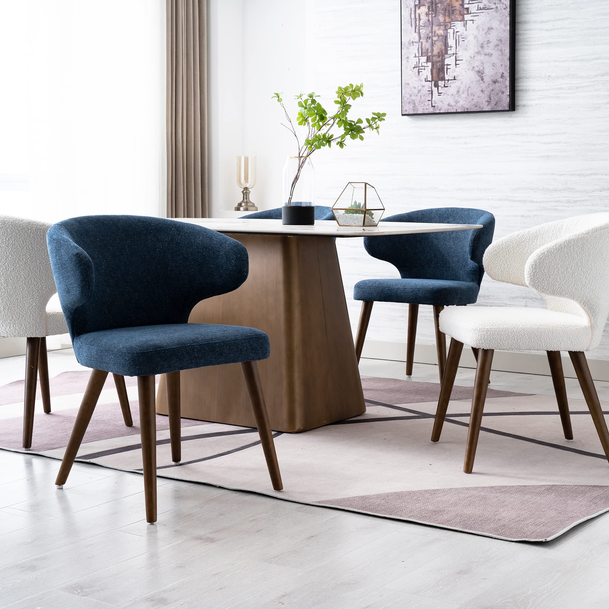 Mid Century Modern Sherpa Boucle Dining Chairs Set of 2 - Upholstered Curved Wingback Accent Arm Chairs with Solid Wood Legs in White | Perfect for Dining Room, Living Room & Home Office Decor
