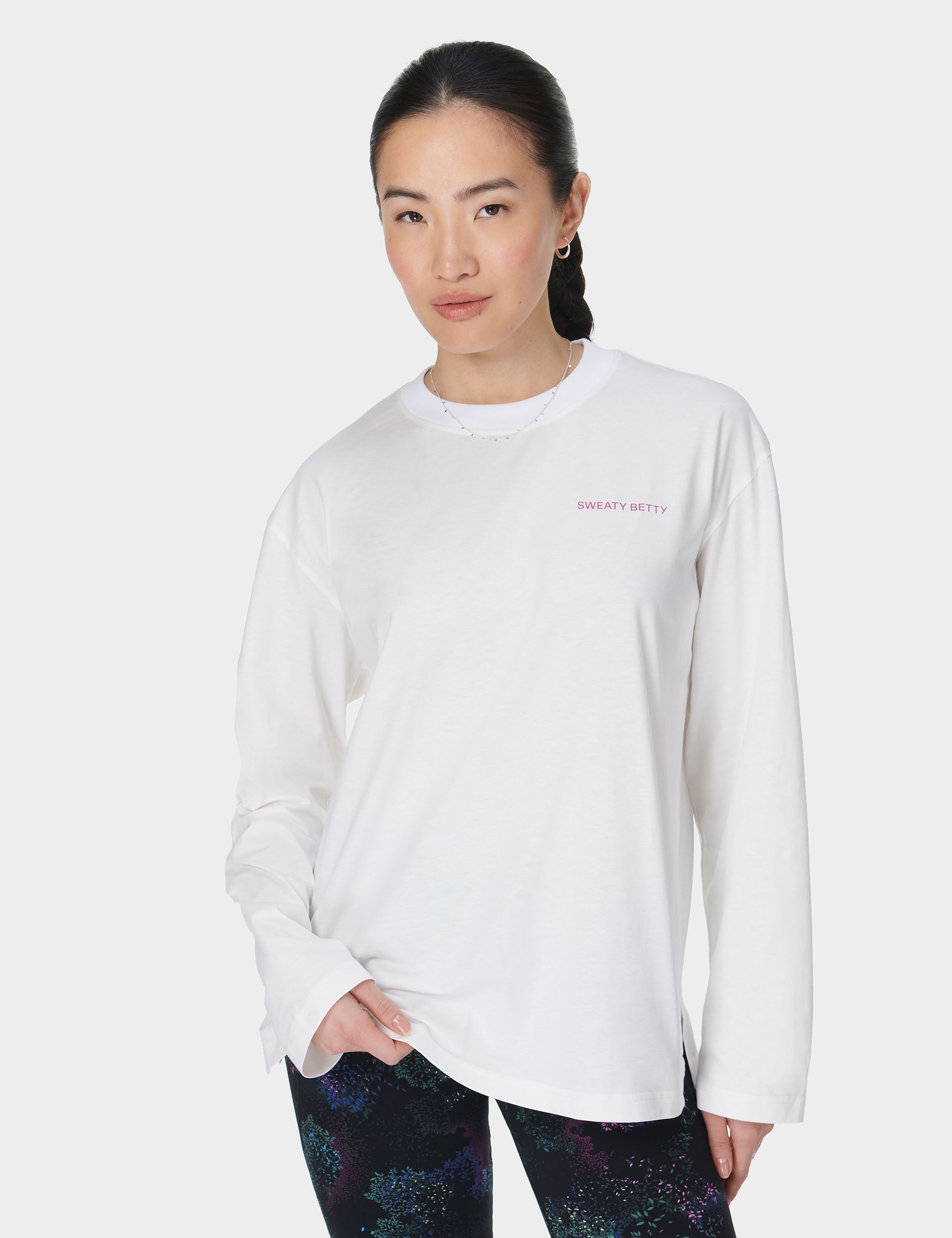 Sweaty Betty Logo Long Sleeve T-Shirt for Women - Soft Cotton Crewneck Tee - Gym, Yoga & Casual Wear - Lily White
