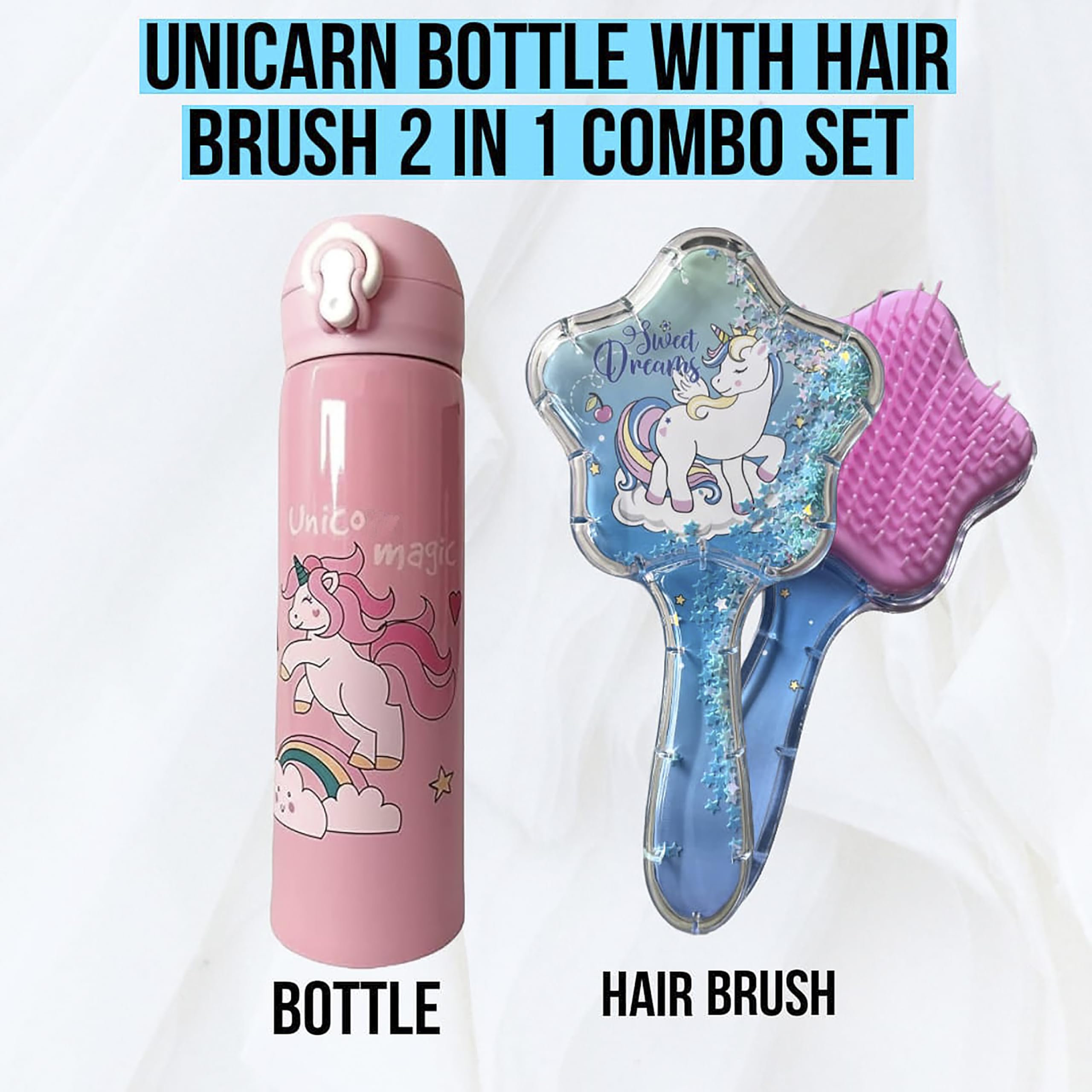Unicarn 2-in-1 Kids Water Bottle & Hair Brush Set - 500ml Vacuum Insulated Flask with Cute Girl Hairbrush | Perfect for School, Travel & Outdoor Activities