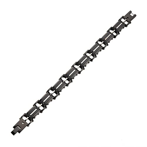Men's Stainless Steel Black Carbon Fiber & Gold Plated ID Link Bracelet - Adjustable 8.25