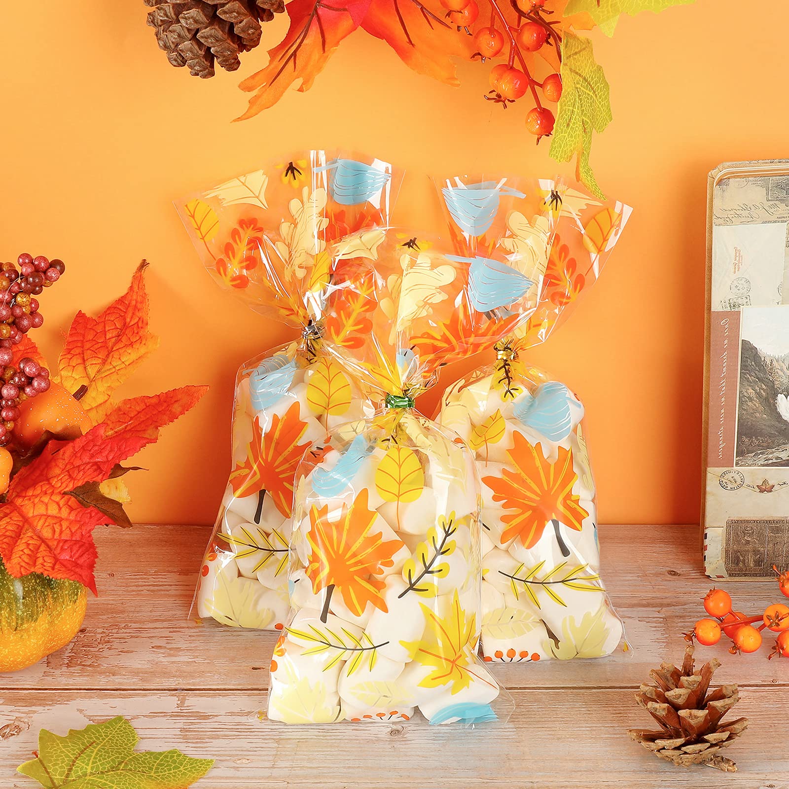 Whaline 120Pcs Autumn Maple Leaf Cellophane Bags with 150Pcs Twist Ties - Double Sided Thanksgiving Party Favor Bags for Candy, Chocolate & Cookies - Bulk Treat Bags for Fall Celebrations, Halloween, Thanksgiving & Christmas Gift Giving