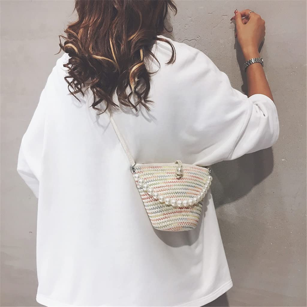 Women's Rattan Straw Shoulder Bag - Pearl Embellished Summer Bucket Bag for Beach, Travel & Shopping | Portable Messenger Handbag (One Size, Photo Color)