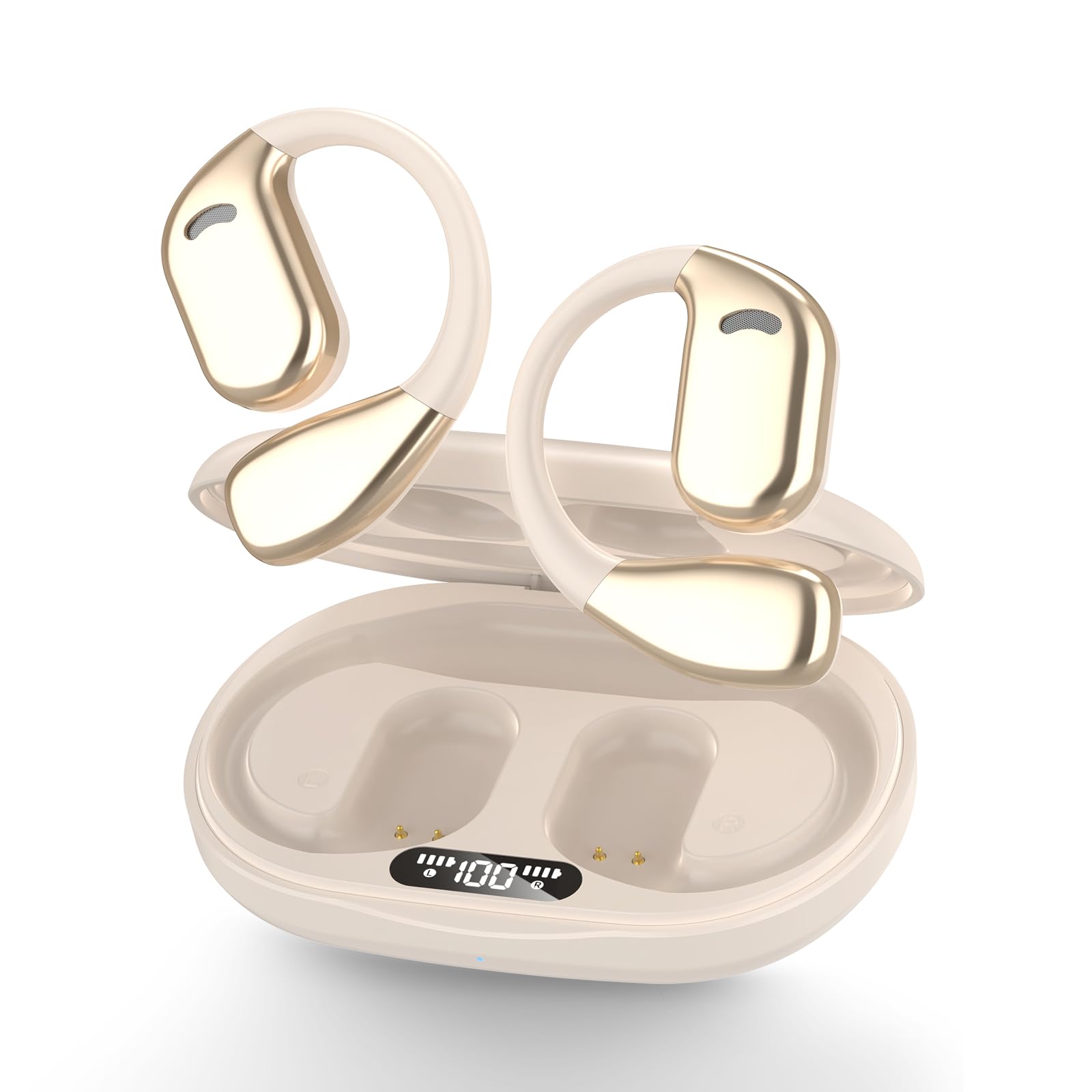 Open Ear Bluetooth Headphones Wireless 5.4 with Digital Display, HiFi Stereo Sound, Type-C Charging, Lightweight Sport Earbuds for Running, Workout, Gym - Compatible with iPhone & Android (Beige) | Perfect for Outdoor Activities, Commuting & Office Use