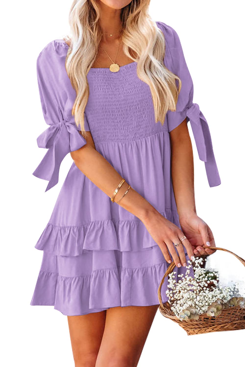 SENSERISE Women's Smocked Mini Dress - Square Neck, Puff Sleeve, Bow Tie Babydoll Dress with Layered Ruffle Tiered Swing Design | Perfect for Summer, Beach, Party & Casual Wear