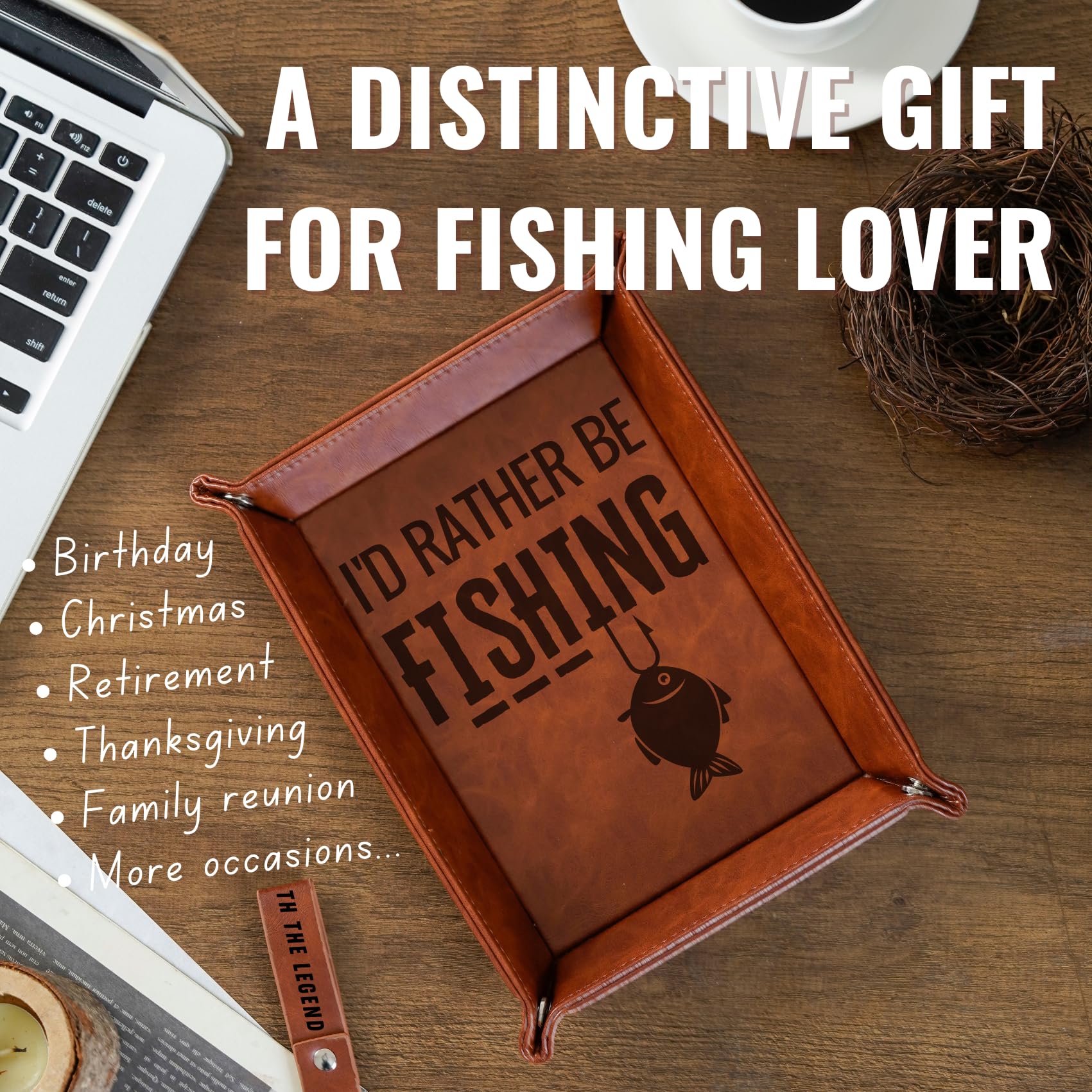 INNObeta Fishing Valet Tray - PU Leather Desktop Organizer for Keys & Coins | Perfect Gift for Fishermen (Birthday, Christmas) | Great for Bedside, Office, or Boat Storage | I'd Rather be Fishing