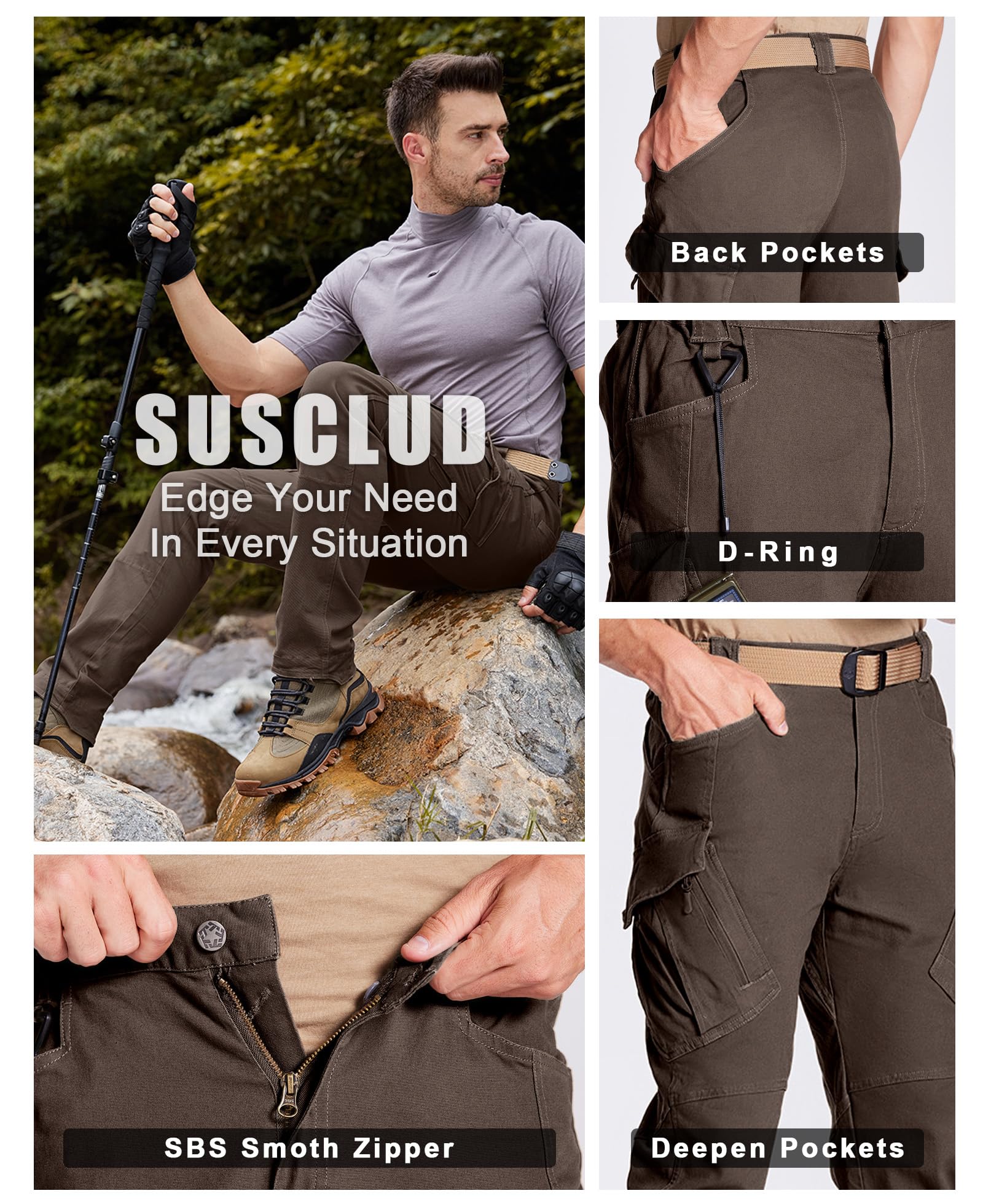 Susclude Men's Tactical Cargo Pants - Ripstop Military Combat Work Pants for Outdoor Hiking, Camping & Tactical Operations - Durable Outdoor Adventure Pants for Men