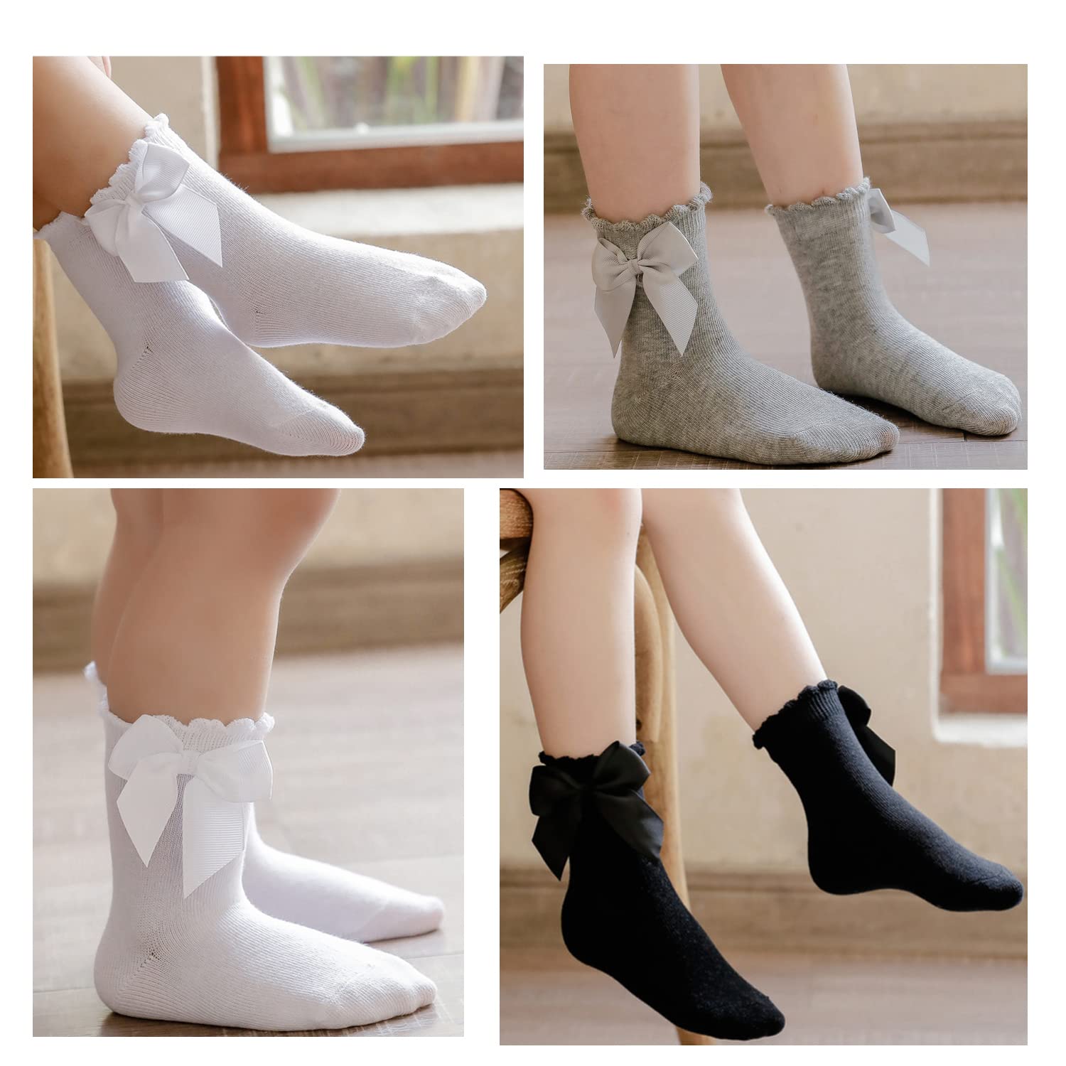 Deeorla Baby Girls' Cute White Bow Ankle Socks - Soft Cotton Toddler & Infant Socks for Everyday Wear, Playtime & Special Occasions