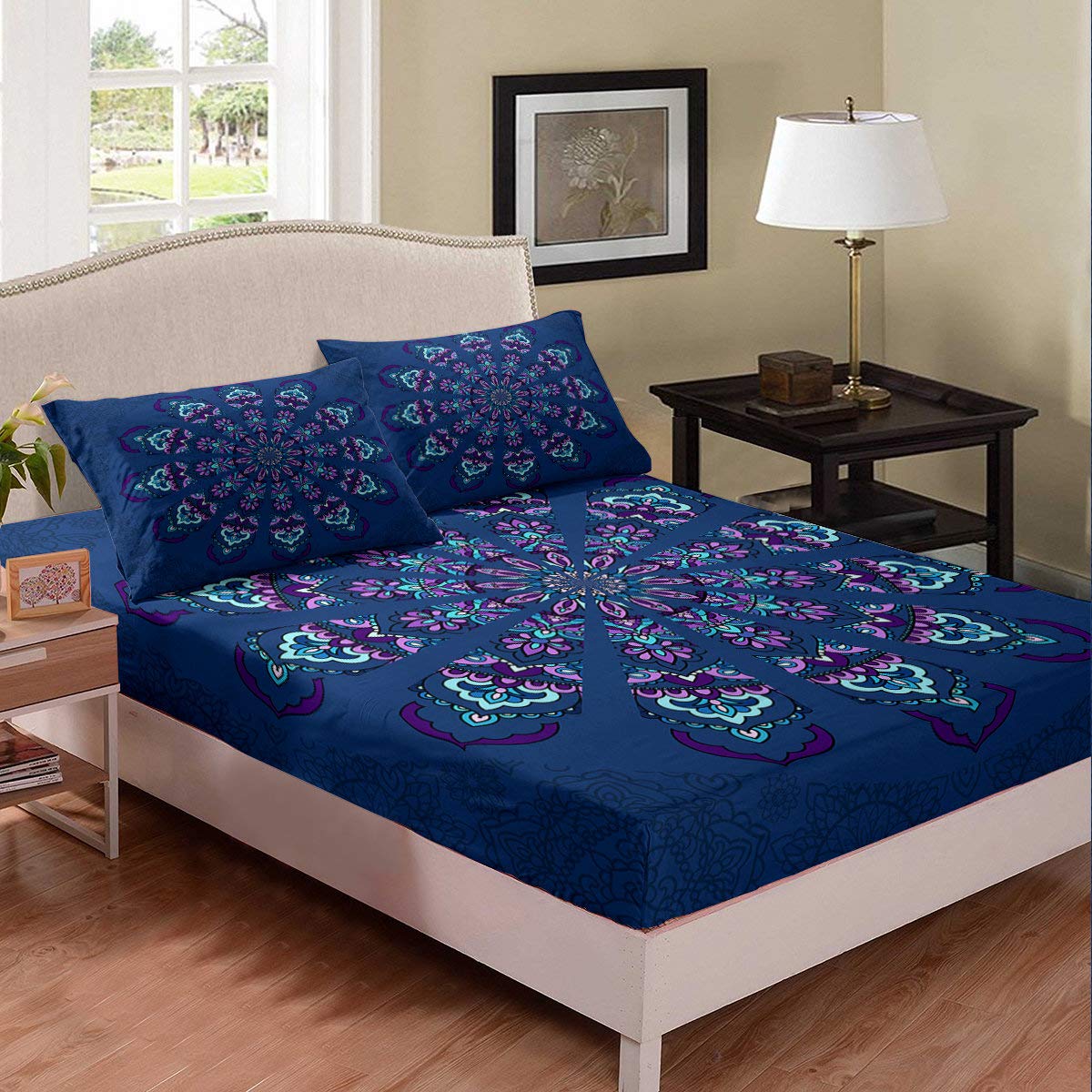 Bohemian Mandala Tie Dye Spiral Queen Size Bedding Set - Floral Fitted Sheet with 2 Pillowcases for Girls, Teens & Adults | Wrinkle-Resistant Bedclothes | Perfect for Boho Chic Bedrooms, Dorm Rooms & Guest Rooms