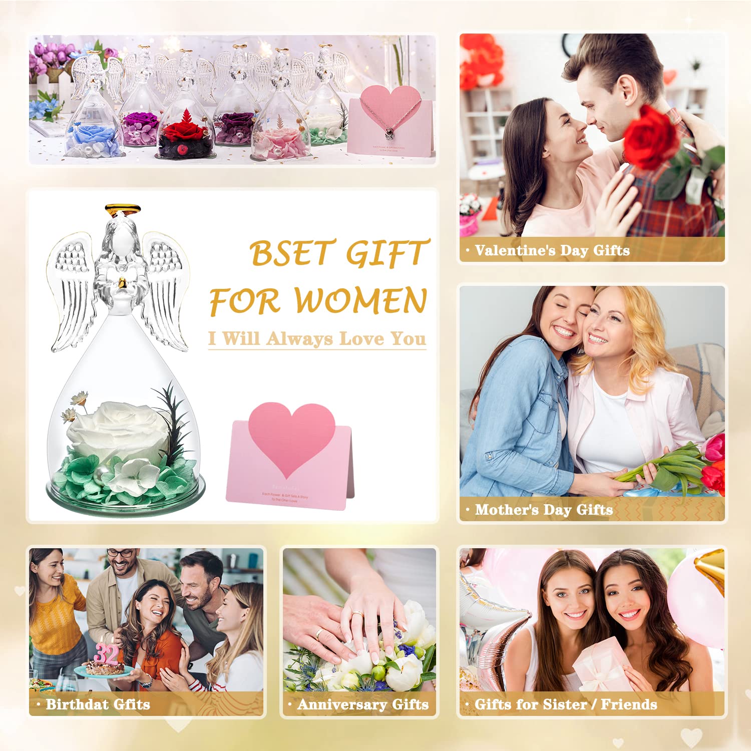 ANWEAO Preserved Real Rose Glass Angel Figurine with 'I Love You' Necklace in 100 Languages - Unique Birthday Gift for Mom, Valentine's Day Present for Women, Thoughtful Flower Gift for Grandma - Perfect for Home Decor, Anniversary Surprise & Special Occasion Keepsake