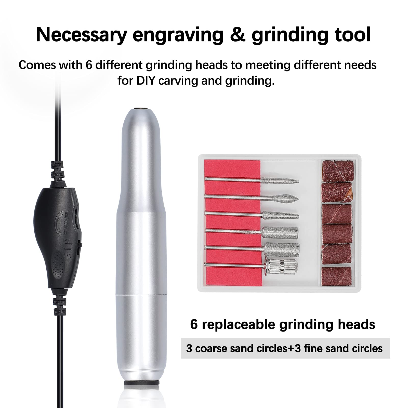 USB Power Electric Nail Grinder Kit - Adjustable Speed Manicure Pedicure Tool with 6 Grinding Heads for Professional Nail Care & At-Home Salon Use - Perfect for Nail Art, Callus Removal & Foot Care