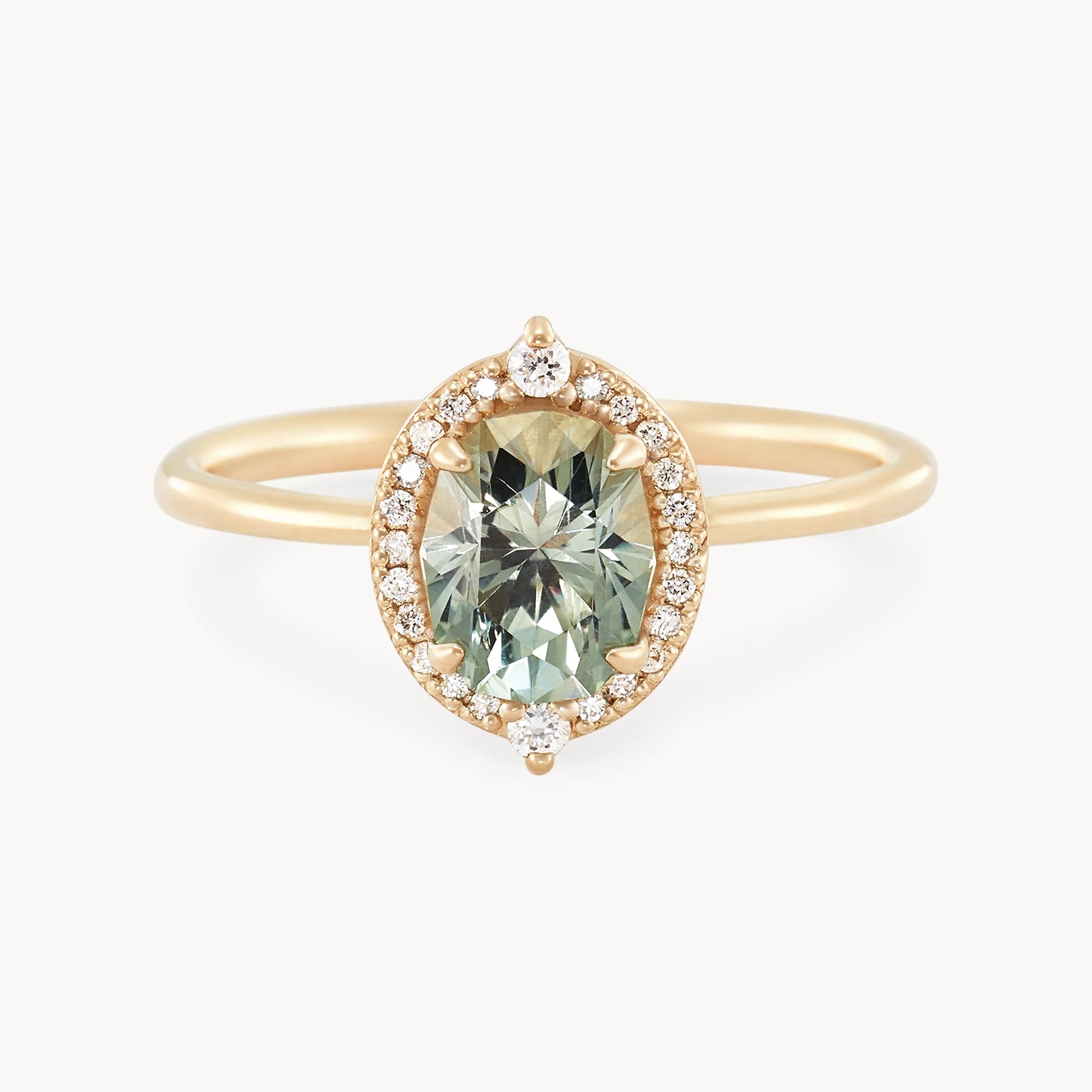 14K Yellow Gold Flower Moon Ring with Green & Colorless Sapphire - Unique Handmade Jewelry for Women, Perfect for Weddings, Anniversaries & Special Occasions