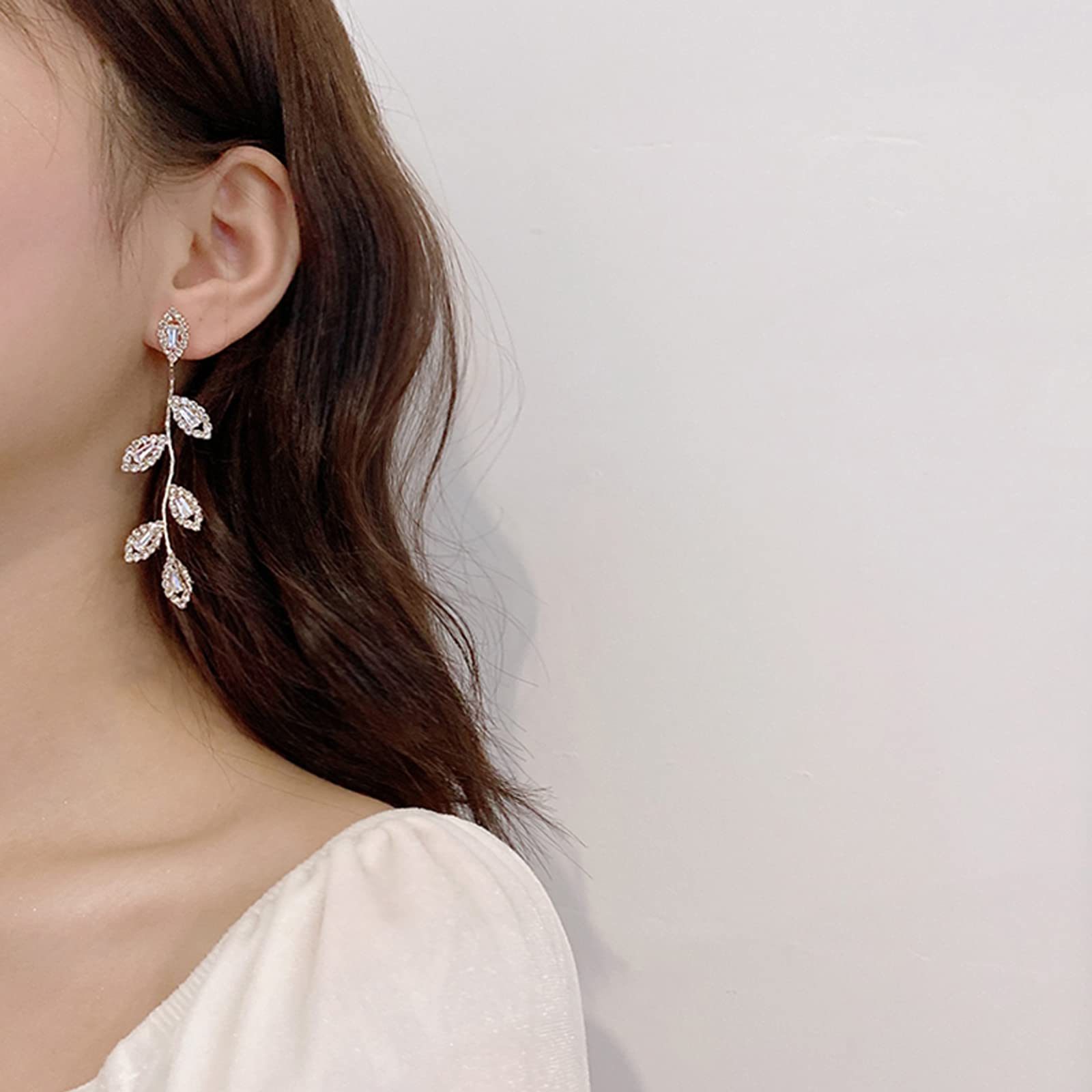 Elegant Silver Drop Dangling Earrings for Women - Rhinestone Bridal Wedding Prom Anniversary Jewelry - Delicate Leaf Design Long Earrings - Perfect for Weddings, Parties, and Special Occasions