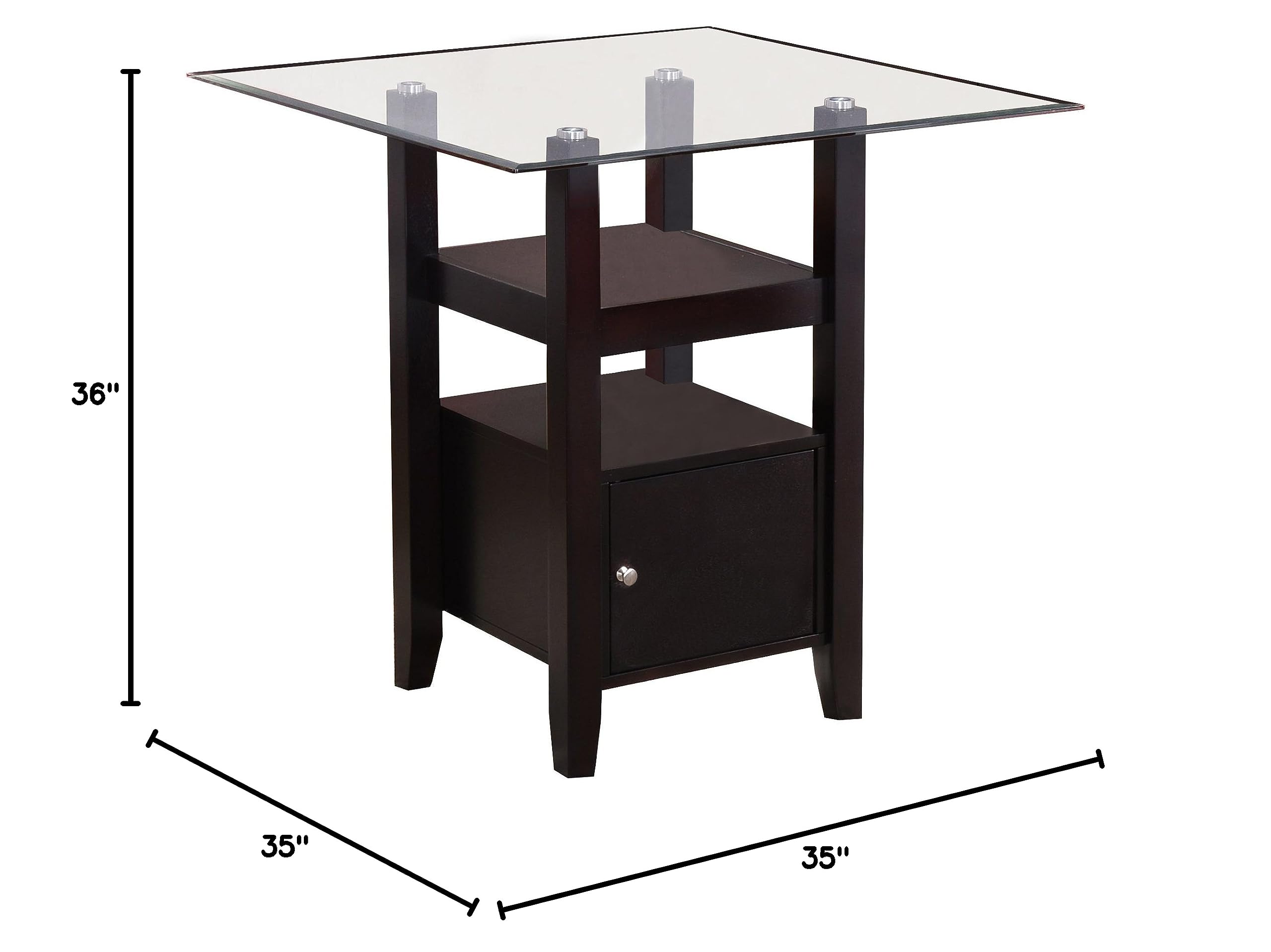 Kings Brand Cappuccino Finish Counter Height Dining Table with Glass Top & Storage - Perfect for Small Spaces, Breakfast Nooks & Modern Kitchens