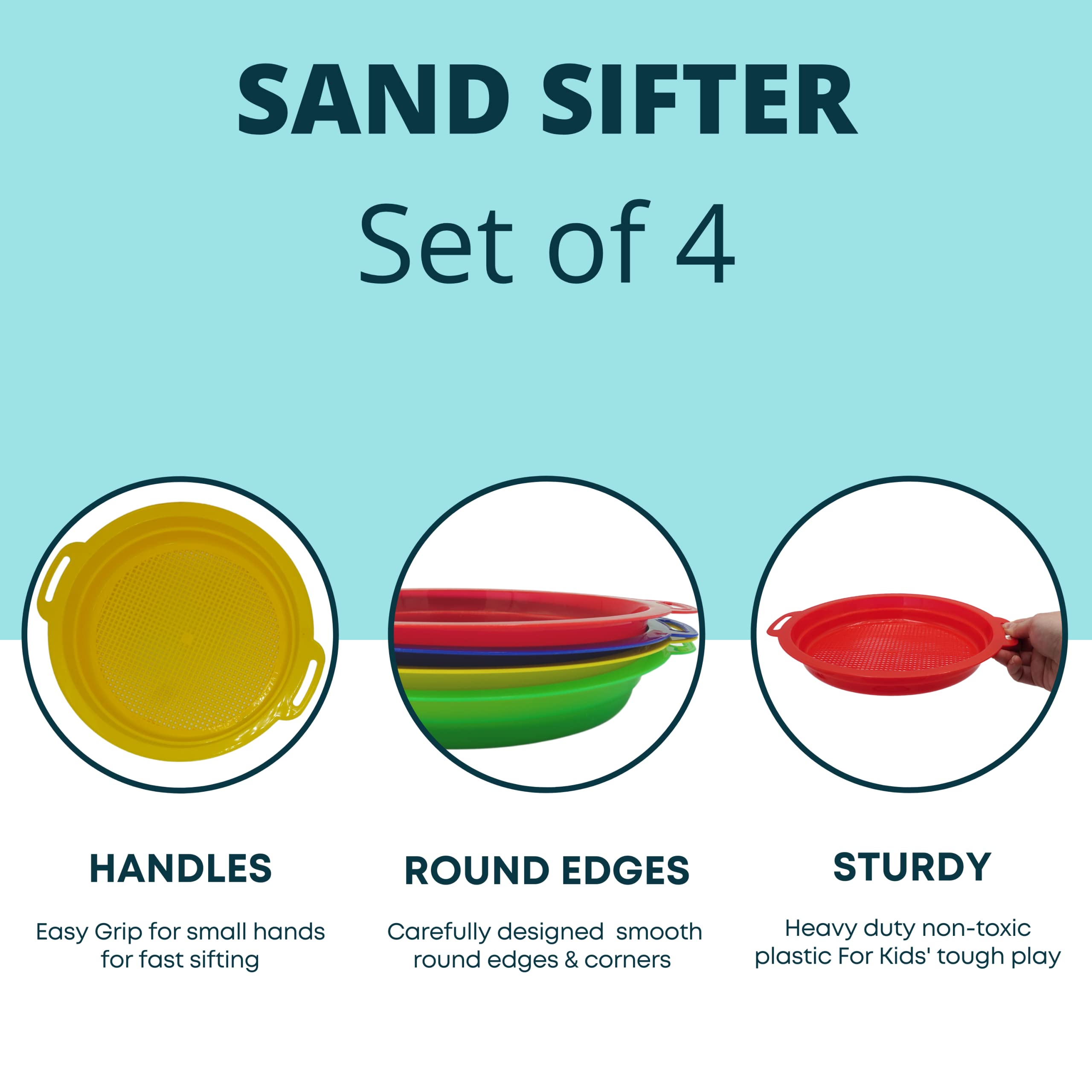 4 Pack Large Sand Sifter for Beach & Sandbox - Shark Teeth, Rocks & Plastic Finder - Durable Sand Toys for Kids & Toddlers - Perfect for Beachcombing, Treasure Hunting & Outdoor Play