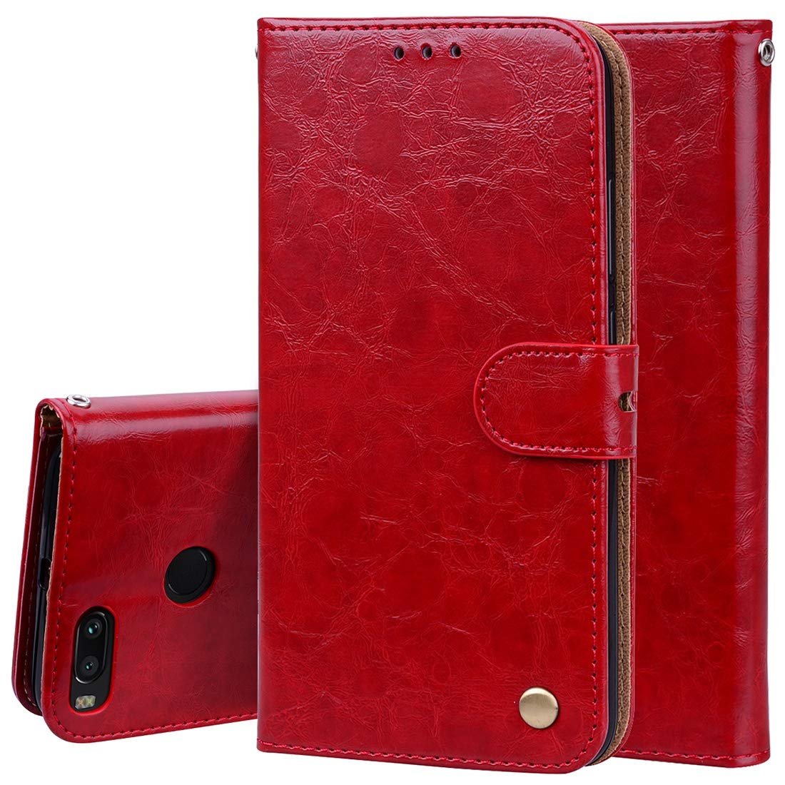 Premium Business Style Oil Wax Leather Case for Xiaomi Mi A1 & 5X - Horizontal Flip Design with Card Slots, Wallet & Lanyard (Black/Red) - Perfect for Office, Travel & Daily Protection