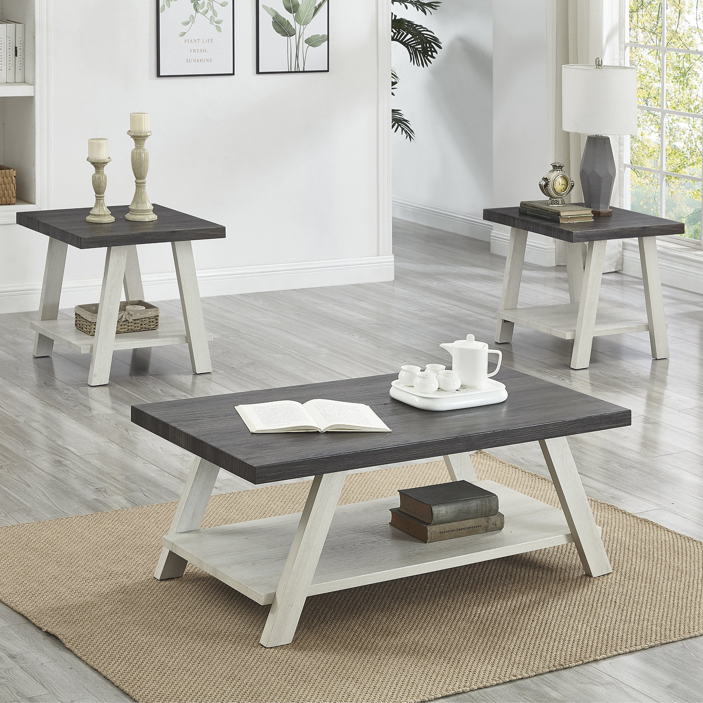 Roundhill Furniture Athens Contemporary 3-Piece Wood Shelf Coffee Table Set - Weathered Charcoal & Beige Finish - Perfect for Living Room, Lounge & Modern Home Decor