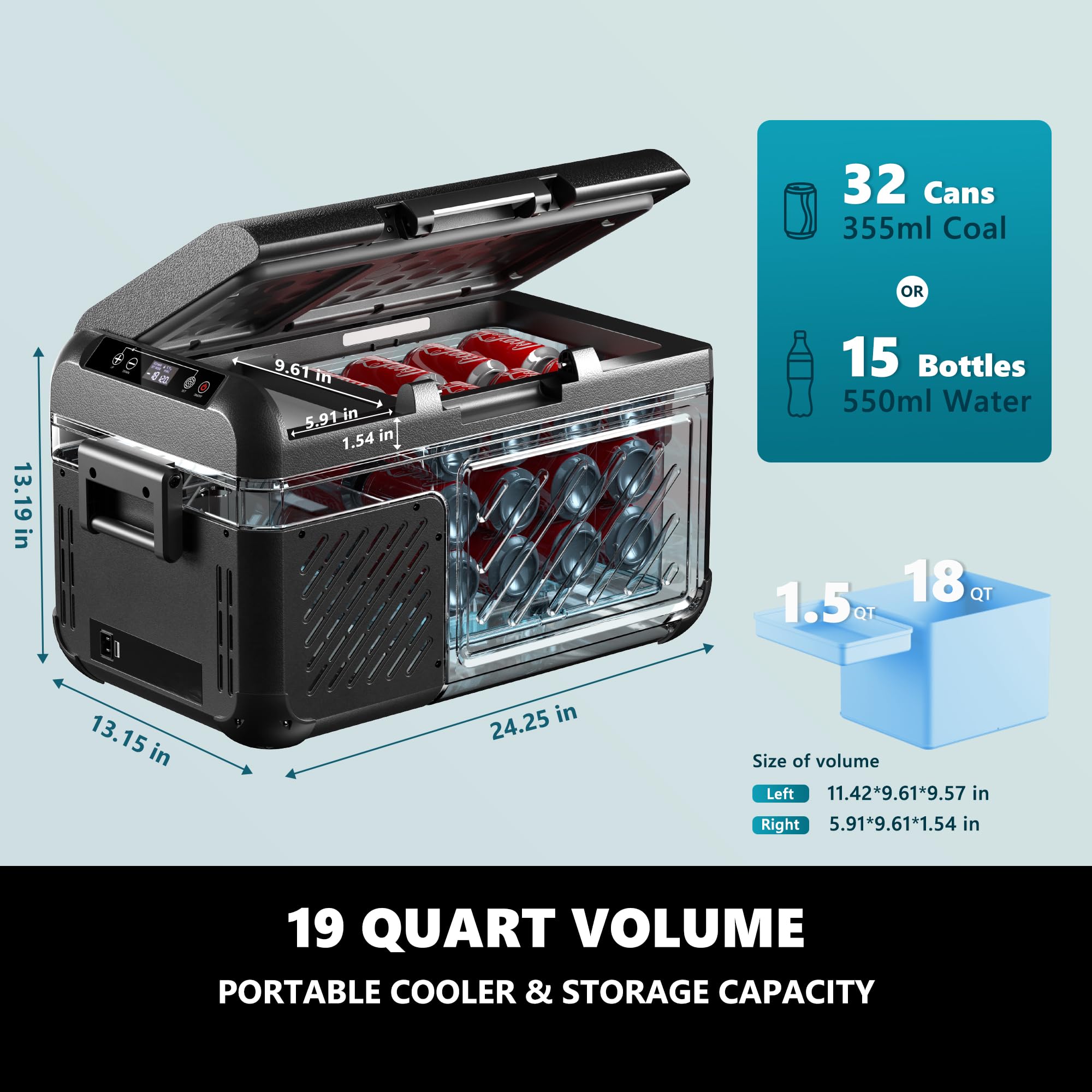 EUHOMY 12V Portable Refrigerator 19QT (18L) - Car Freezer Cooler with Reversible Door, Dual Power 12/24V DC & 120-240V AC for Camping, RV, Travel, Road Trips & Outdoor Adventures (-4°F to 68°F)