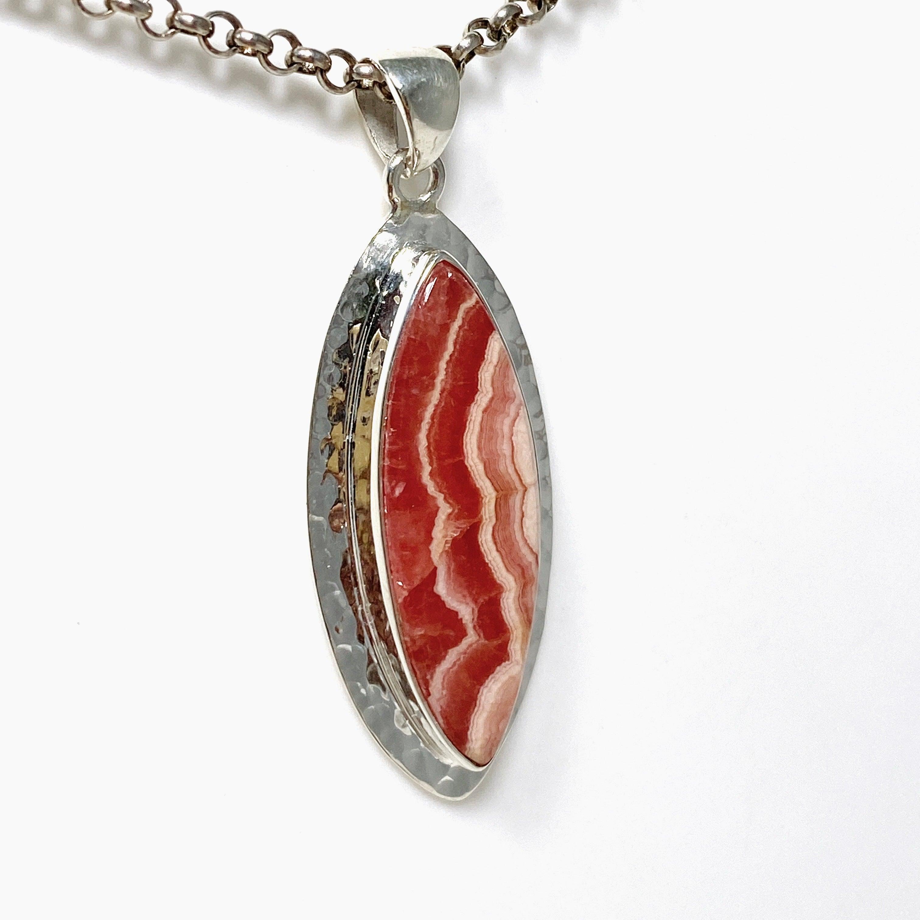 Rhodochrosite Marquise Pendant Necklace - Hammered Sterling Silver Setting KPGJ4331 | Elegant Jewelry Gift for Women, Perfect for Valentine's Day & Anniversary