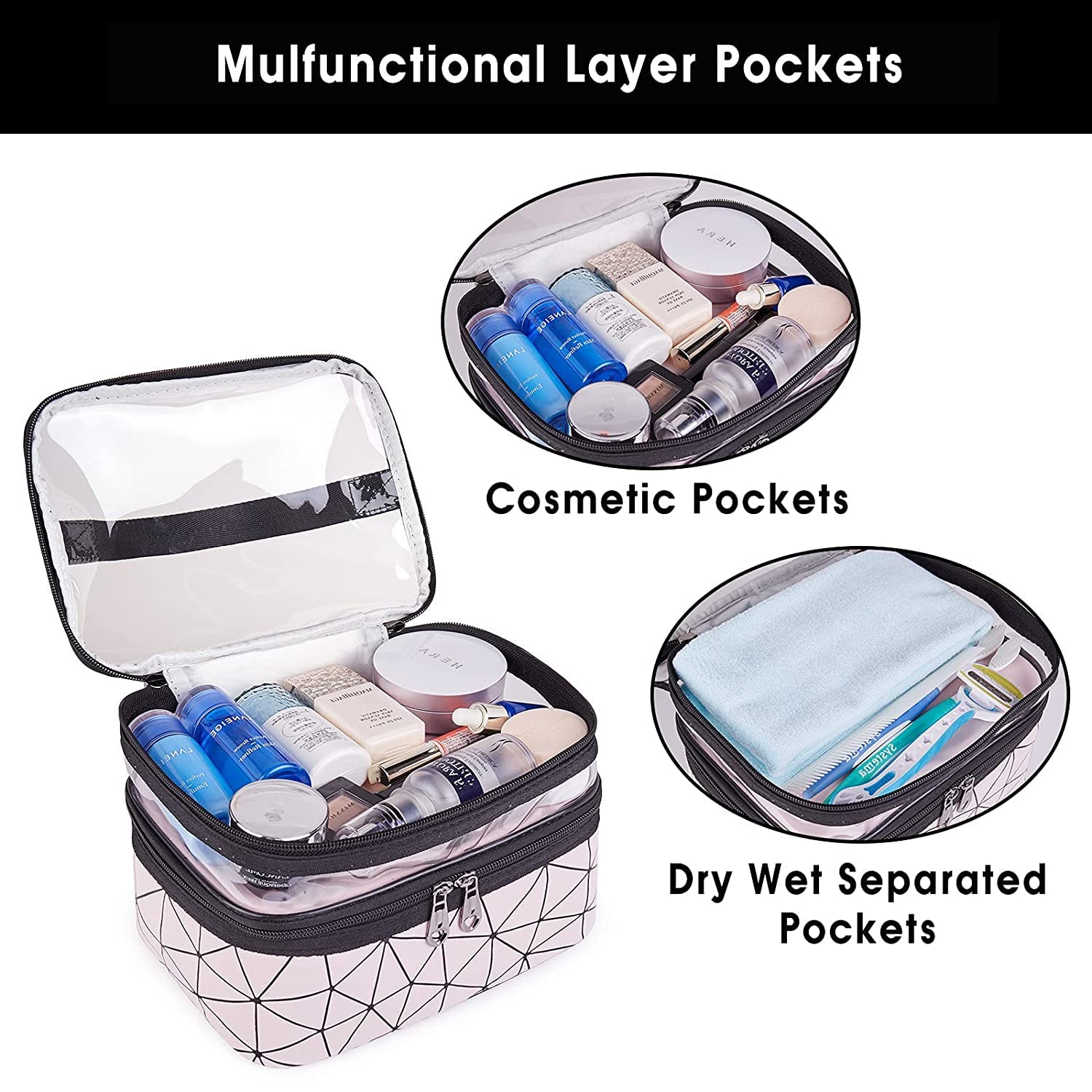 DREHOTRY Dual Layer Makeup Bag for Women - Waterproof Cosmetic Organizer Pouch for Toiletries, Brushes & Travel Essentials | Perfect for Travel, Gym & Daily Use
