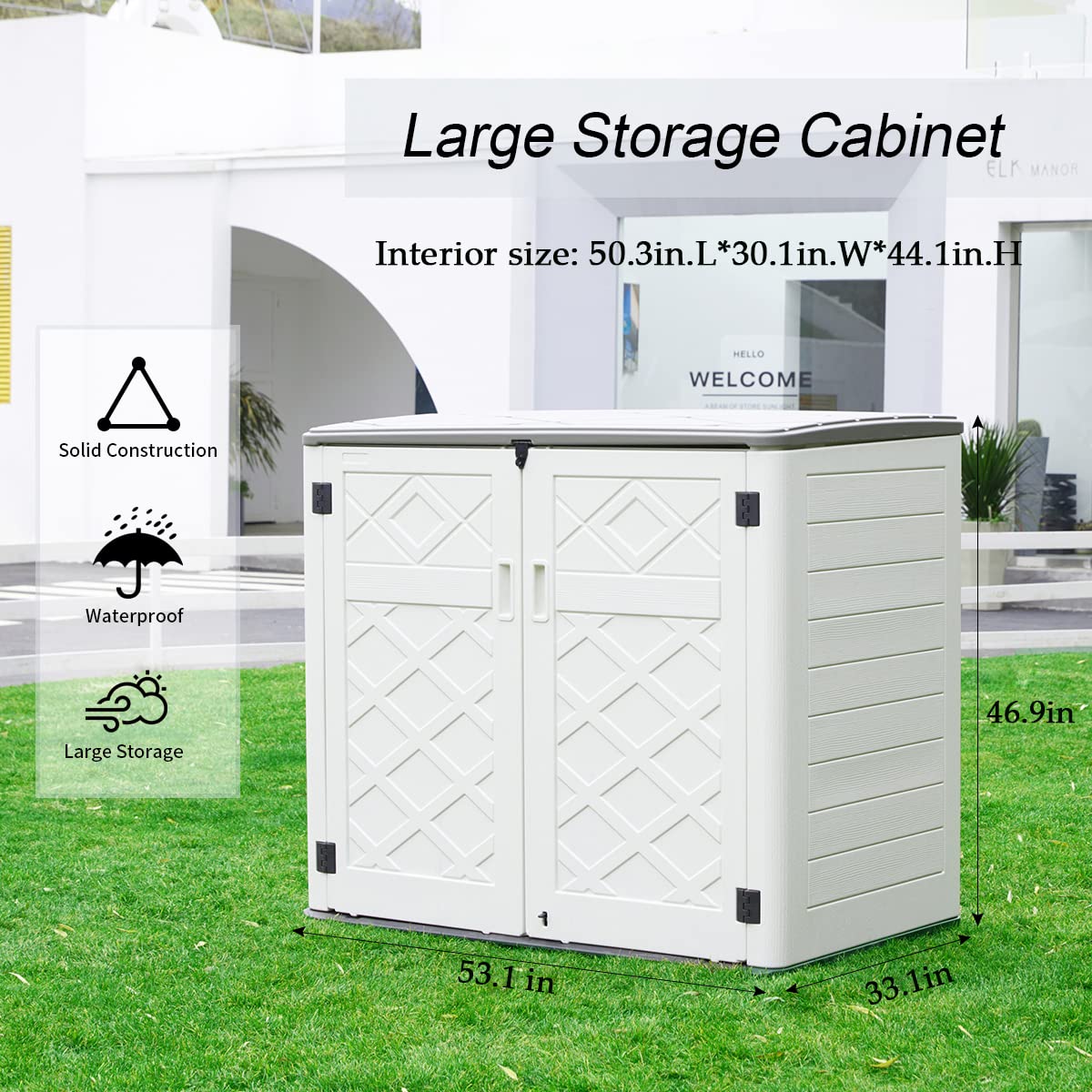 Waterproof Resin Outdoor Storage Shed 38 cu.ft - Lockable Garden Tool Organizer with Custom Shelves for Patio Furniture, Trash Cans & Garage Storage (Off White) | Perfect for Backyard, Deck & Outdoor Organization