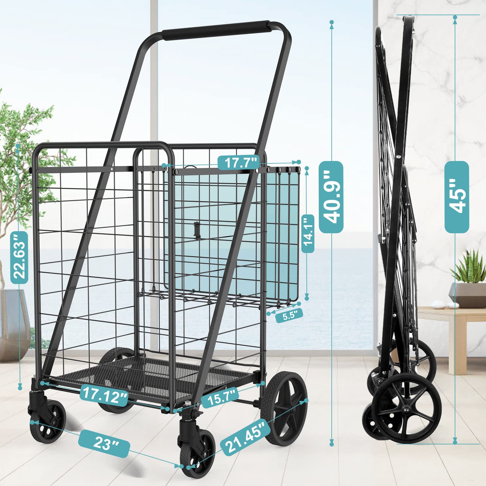 Upgraded Jumbo Grocery Cart with Waterproof Liner - Heavy Duty Folding Shopping Cart with 360° Swivel Wheels & Double Basket - Holds 330 lbs - Perfect for Grocery Shopping, Laundry & Market Trips