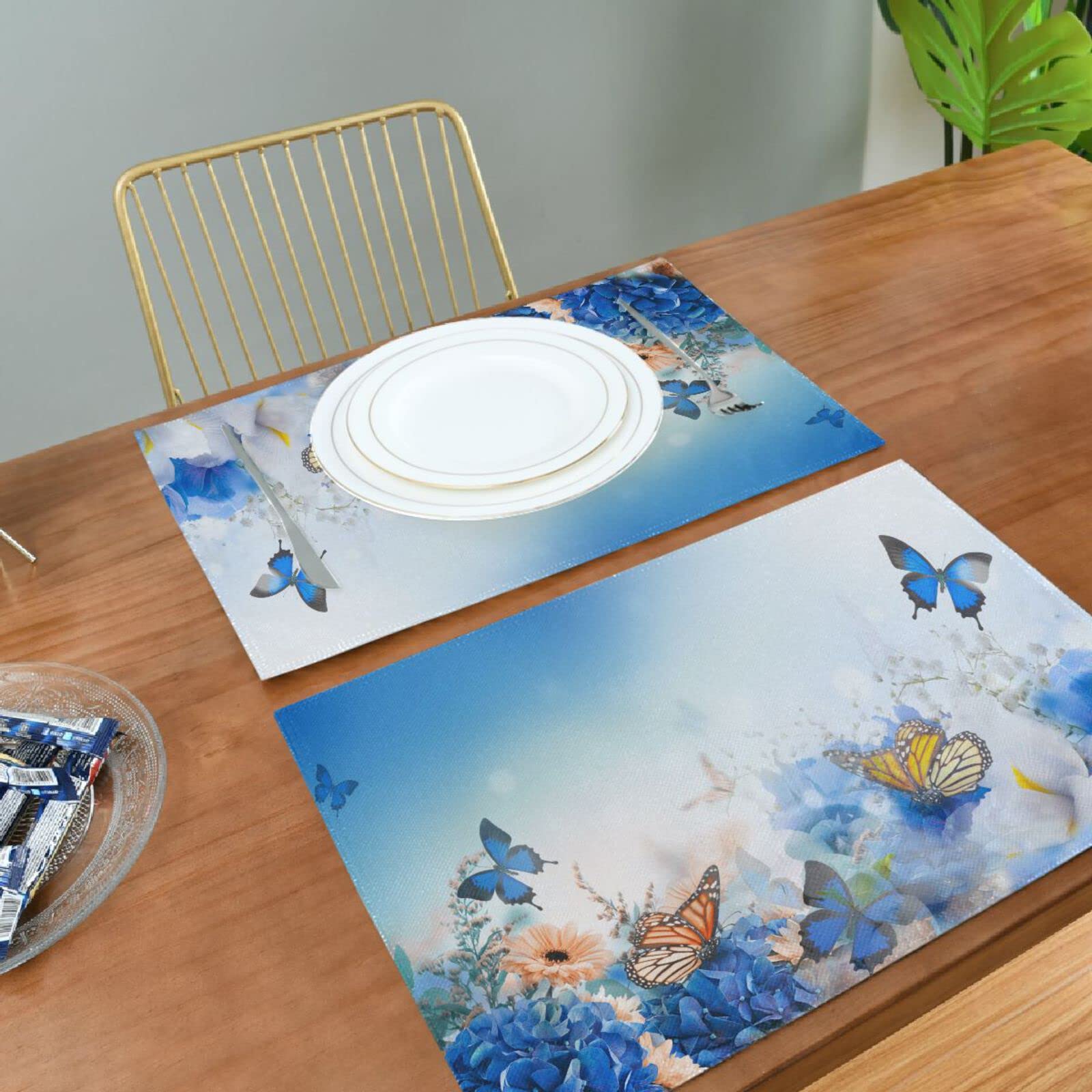Blue Butterfly Floral Placemats Set of 4 - Washable & Heat Resistant 12x18 Inch Decorative Table Mats for Kitchen & Dining Room - Perfect for Spring Decor, Dinner Parties & Everyday Use