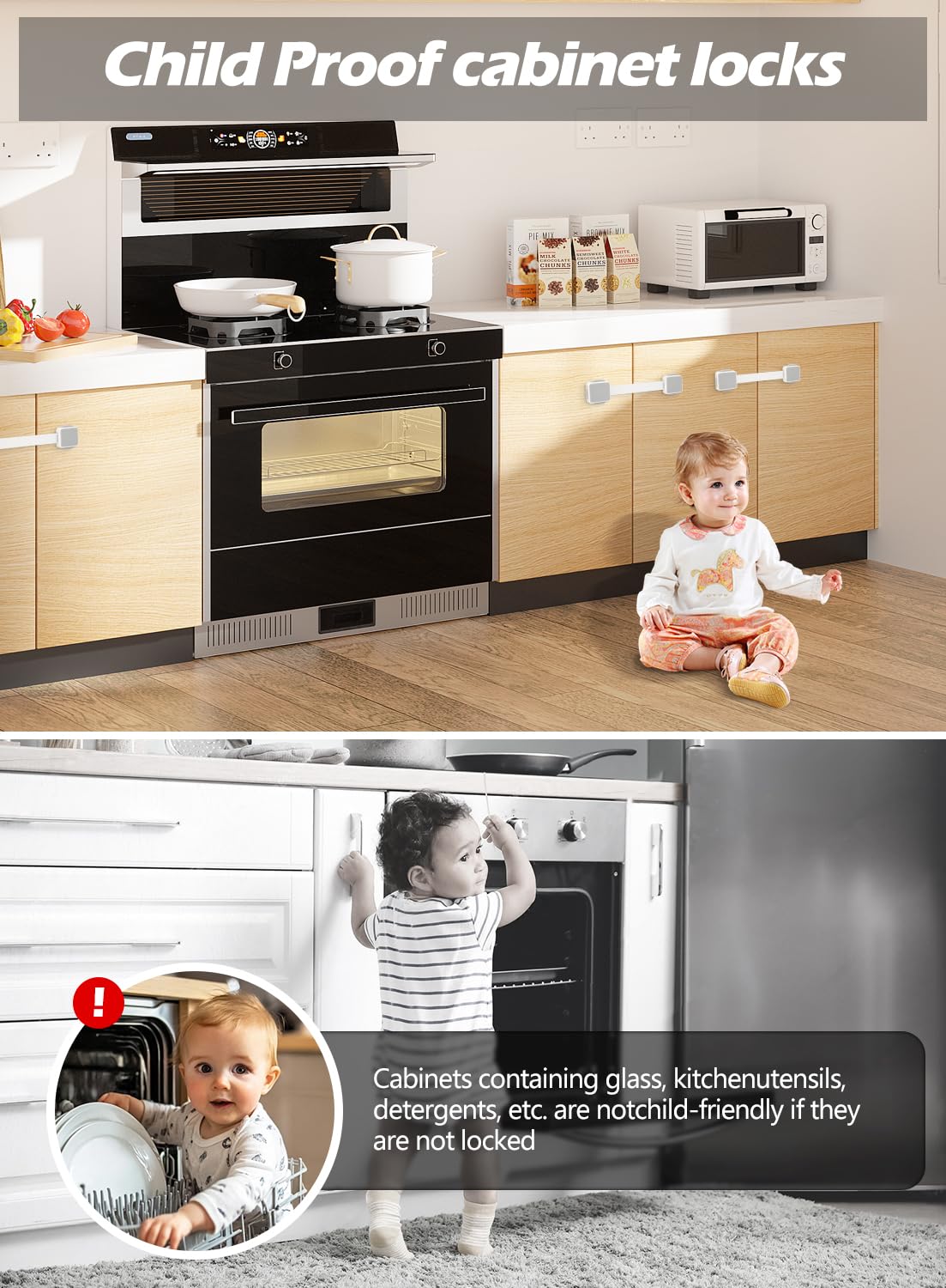 2 Pack Baby Proofing Safety Locks - Child Safety Cabinet & Drawer Locks for Fridge, Oven, Dishwasher, Toilet Seat - No Drill 3M Adhesive Adjustable Latches & Straps - Perfect for Kitchen, Bathroom & Nursery Childproofing
