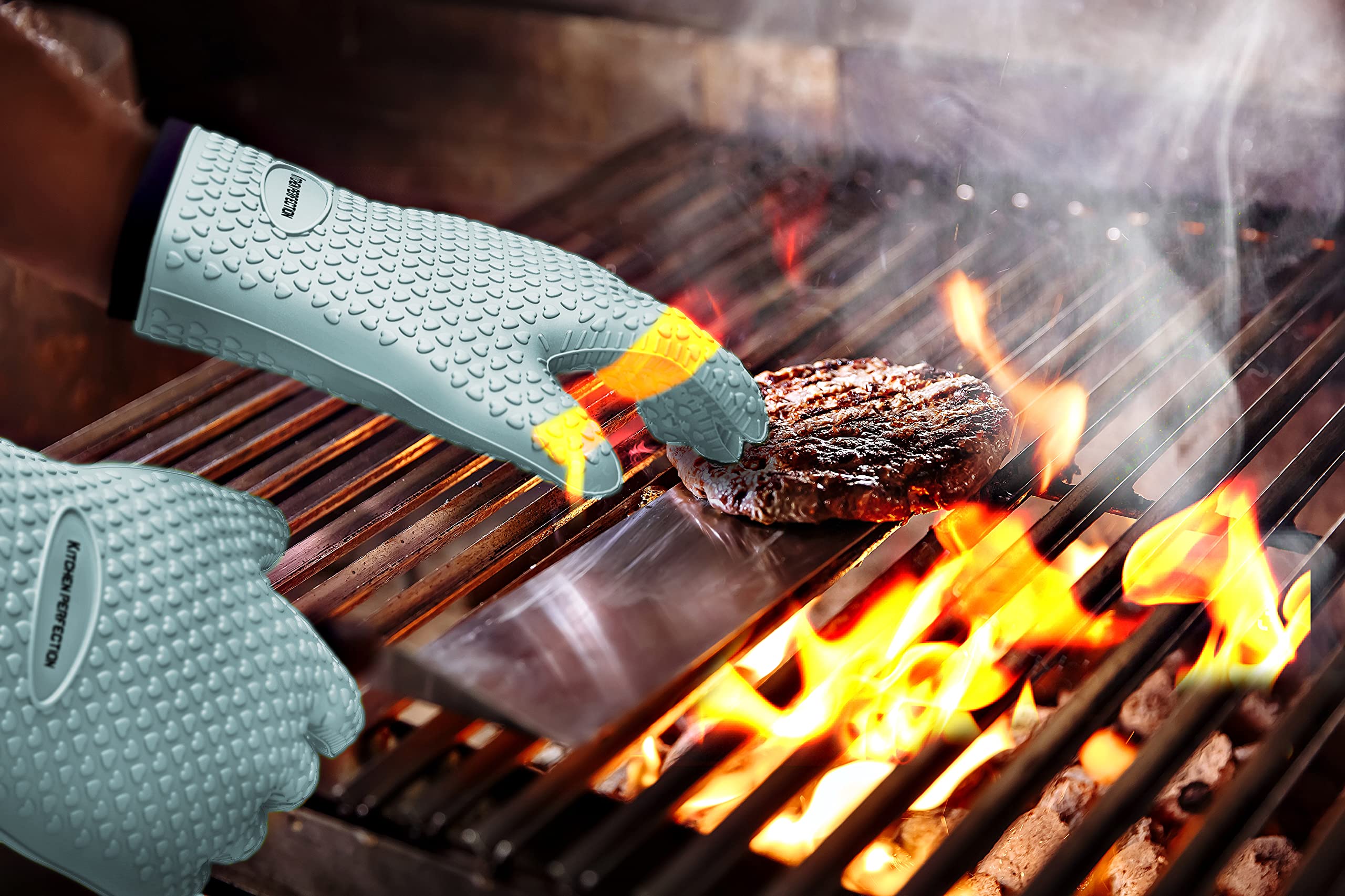 KITCHEN PERFECTION XL Heat Resistant Silicone BBQ Gloves - 1472°F Extreme Heat Protection for Grilling, Smoking & Frying | Waterproof Oven Mitts for Grill, Fryer & Pit | Premium Value Set with 3 Free Accessories | Perfect for Outdoor Cooking, Camping & Backyard BBQs