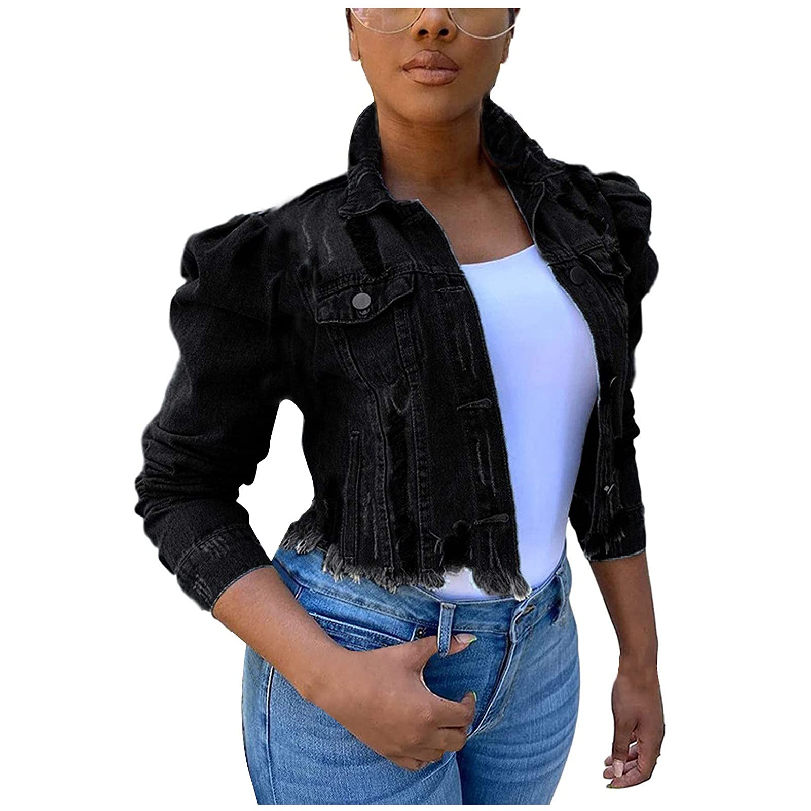 SERYU Women's Ripped Denim Jacket with Puff Sleeves - Frayed Slim Fit Cropped Jean Jacket for Casual Outfits, Street Style & Layering