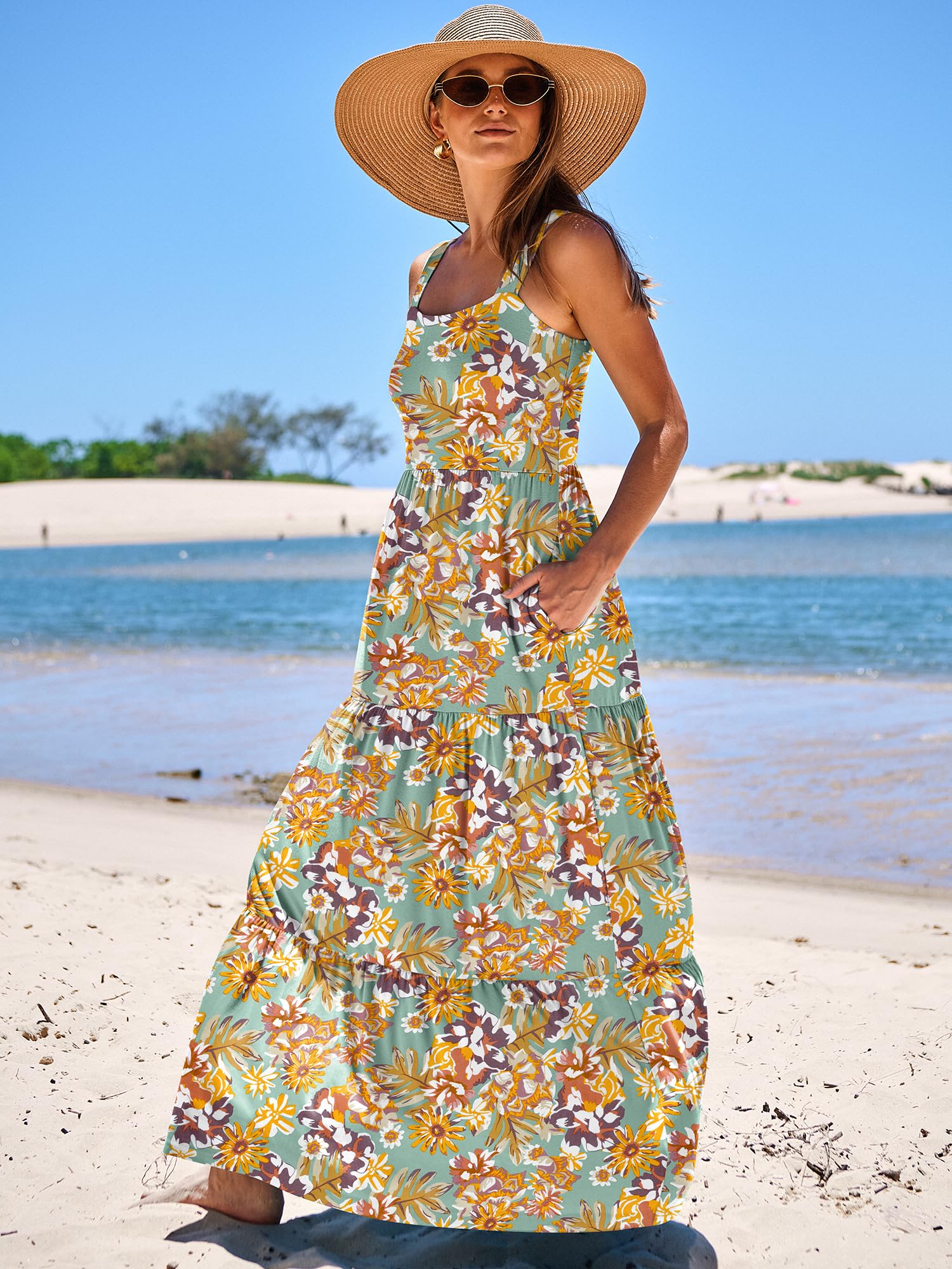 ANRABESS Women's Summer Maxi Dress - Sleeveless Square Neck Flowy Tiered Sun Dress with Pockets for Beach Vacation, Casual Outings, and Outdoor Events
