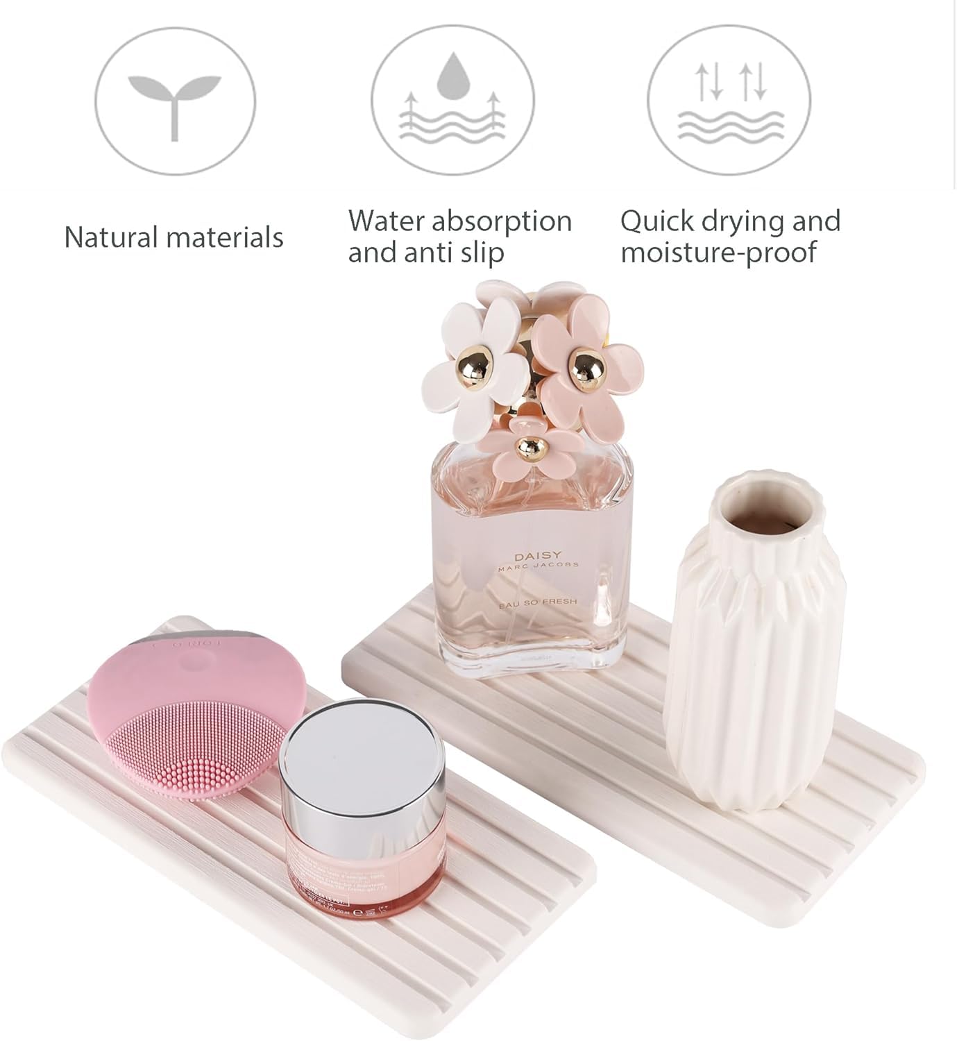 Premium Diatomite Coasters Set of 2 - Fast Water Absorbing, Heat Resistant & Non-Slip Bathroom Accessories for Soap, Toiletries - Modern Home Decor for Kitchen, Bathroom & Living Room
