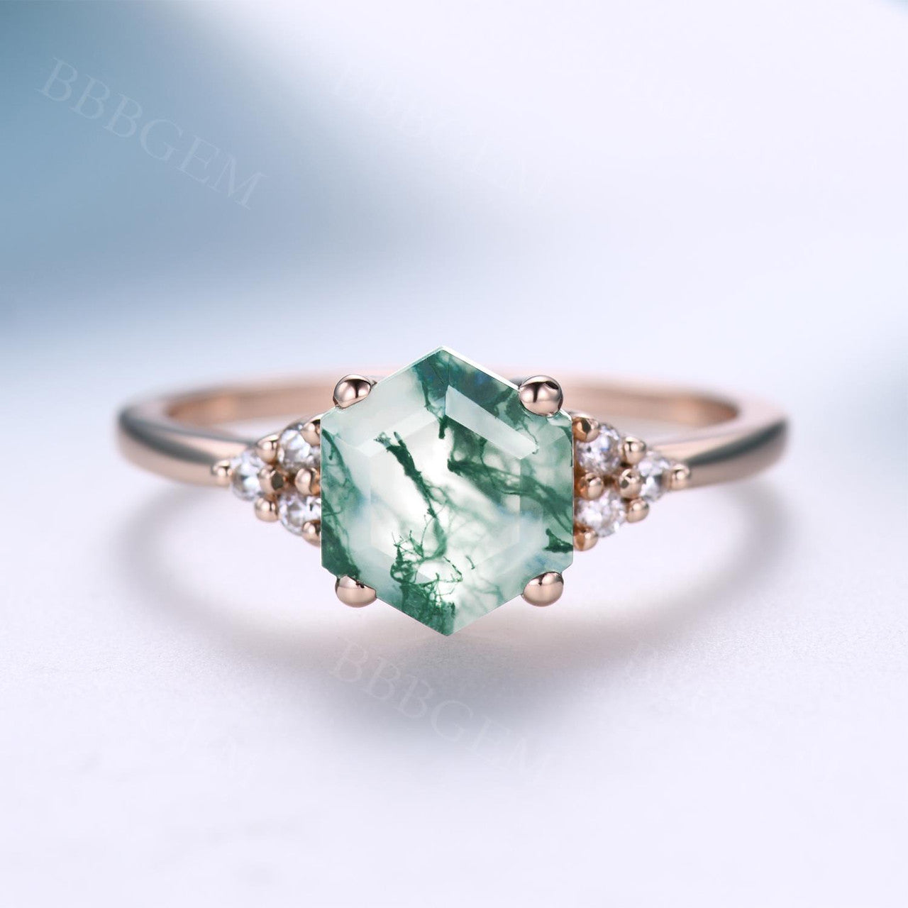 Vintage Rose Gold Hexagon Cut Moss Agate Engagement Ring with 6 Diamond Accent Stones - Perfect for Proposals, Weddings & Anniversary Gifts