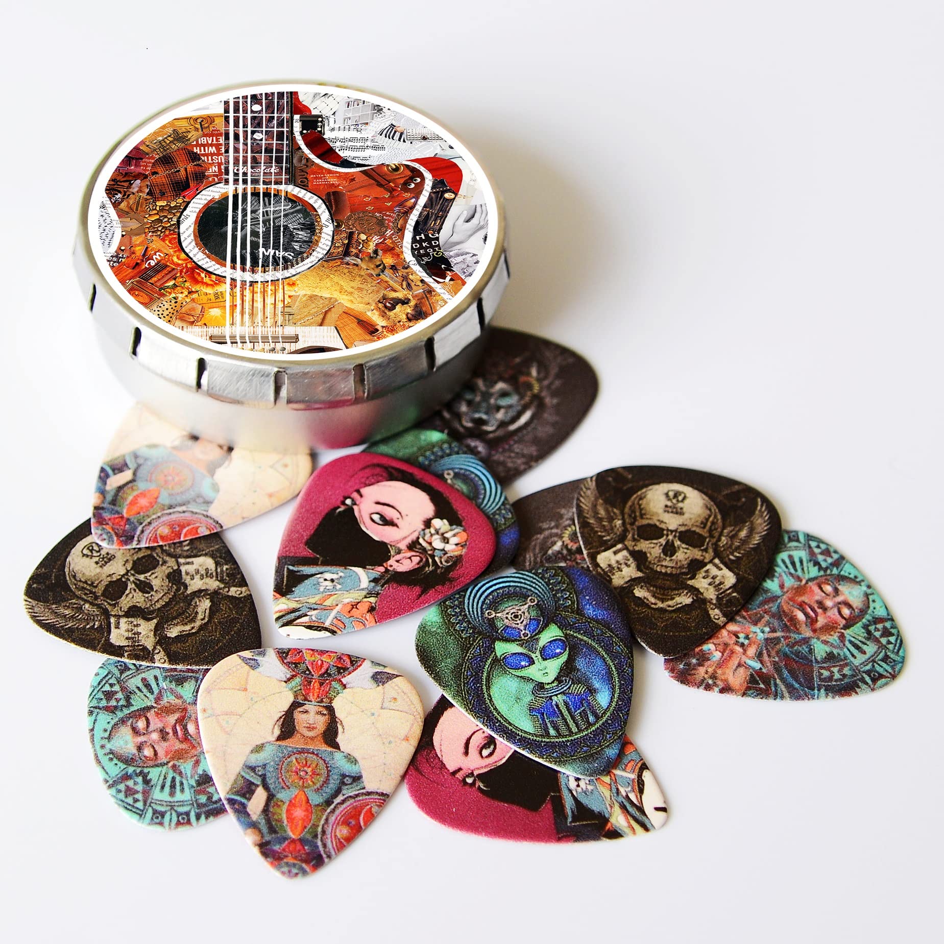 Premium 12-Pack Medium Guitar Picks with Leather Holder & Tin Box - Artistic Celluloid Picks for Bass/Electric/Acoustic Guitar - Perfect Gift for Musicians (Mix-1) - Ideal for Practice, Performances & Music Lovers