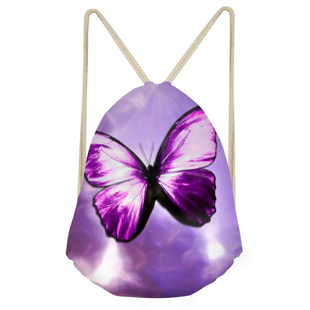 Dremagia Purple Butterfly Gym Drawstring Backpack - Lightweight Cinch Sack Pack for Women & Girls - Perfect for Beach, Shopping, Workout & Travel