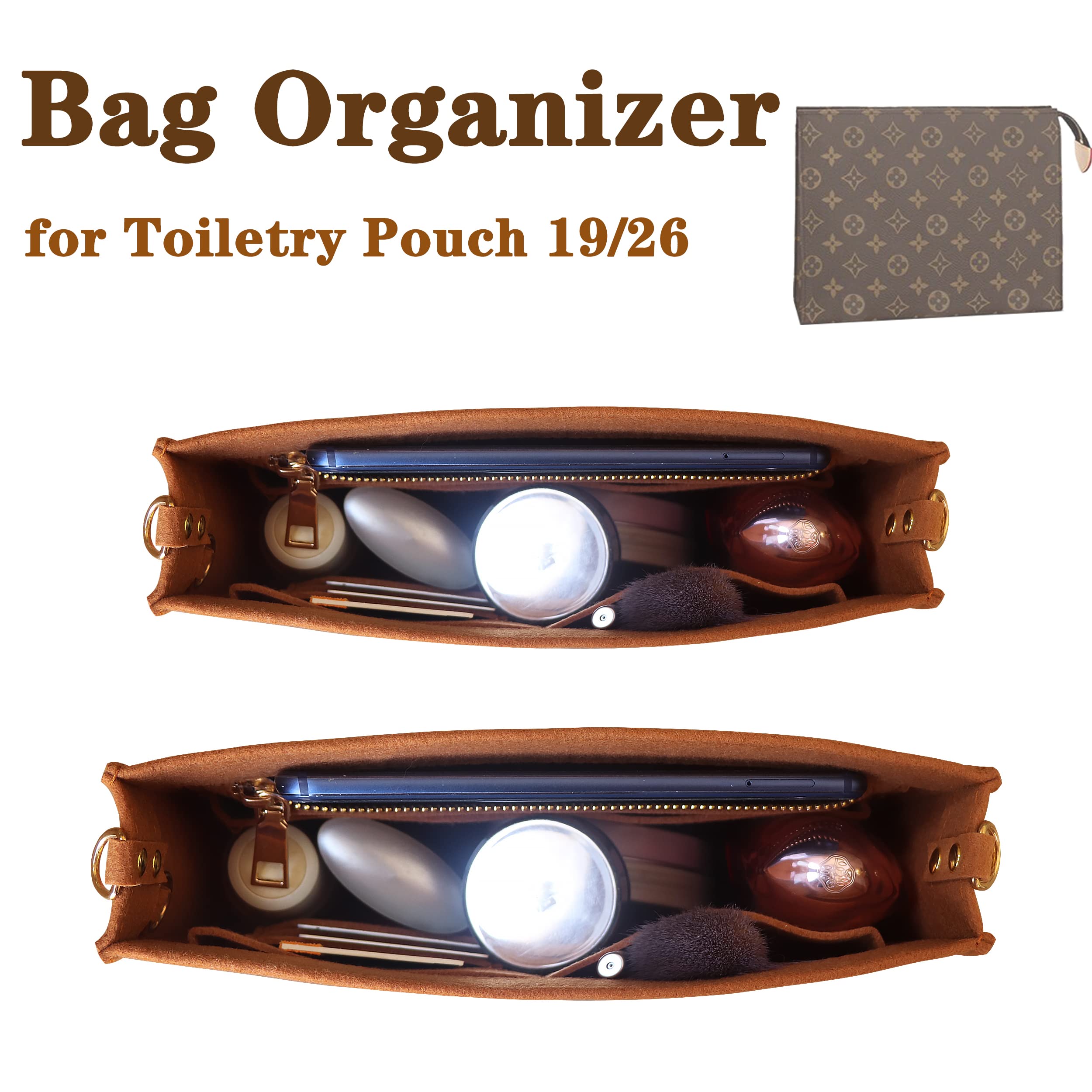 MISIXILE Felt Purse Insert Organizer with Zipper & Gold Buckles - Handbag Organizer for Toiletry Pouch (19-26