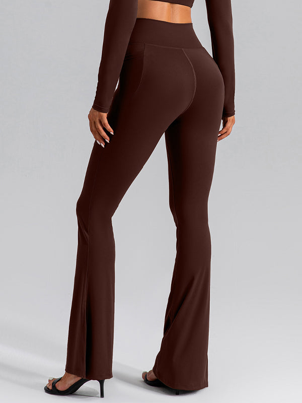 ZASUWA Women's High Waisted Flare Pants with V-Shape Waist & Side Pockets - Stretchy Solid Color Bootcut Trousers for Work, Office & Casual Outfits