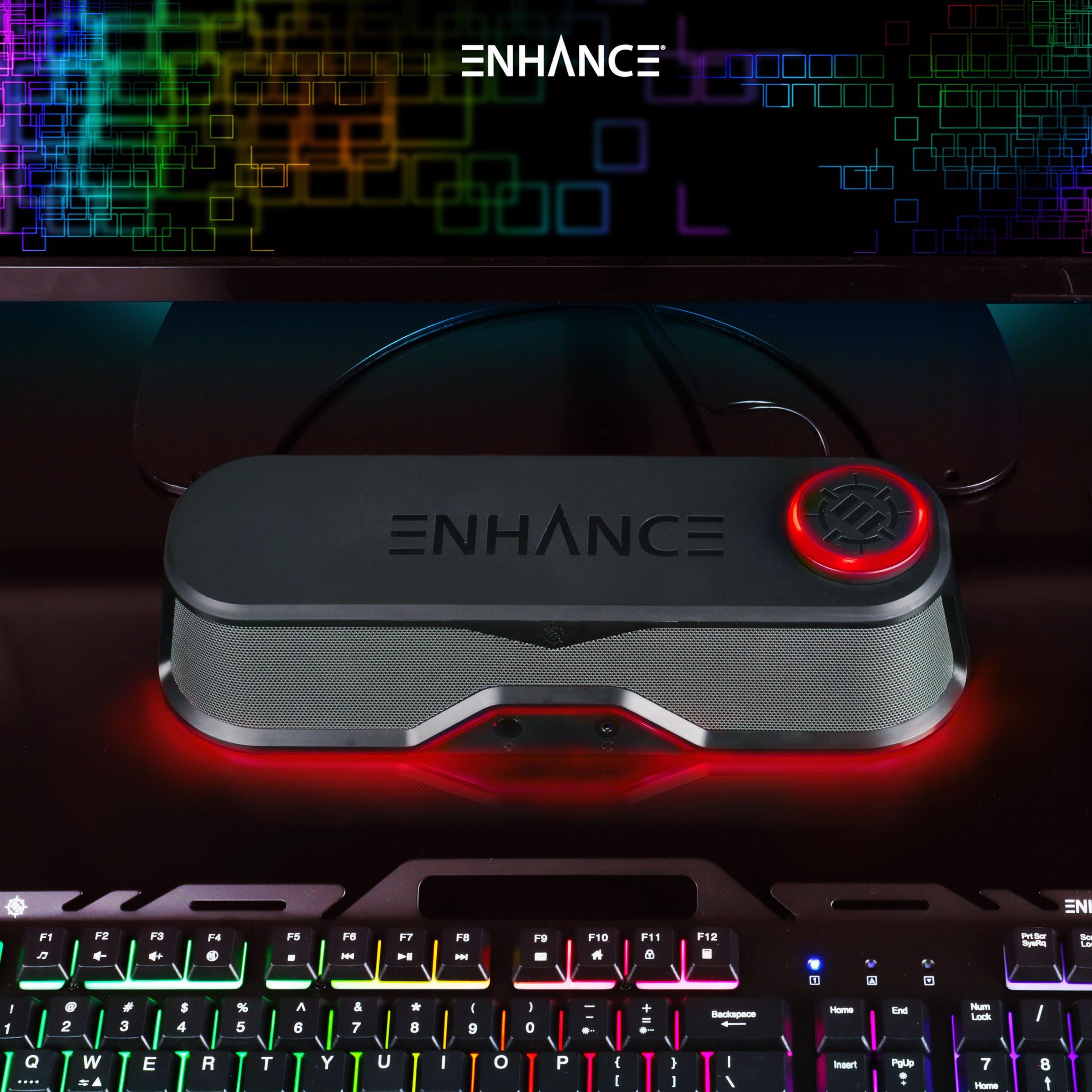 ENHANCE SB1 USB-Powered Computer Soundbar - 10W Peak Under Monitor Speaker with LED Volume Control & Headset Pass-Through | Gaming & Home Office Audio for PC, Laptop, Streaming & Music
