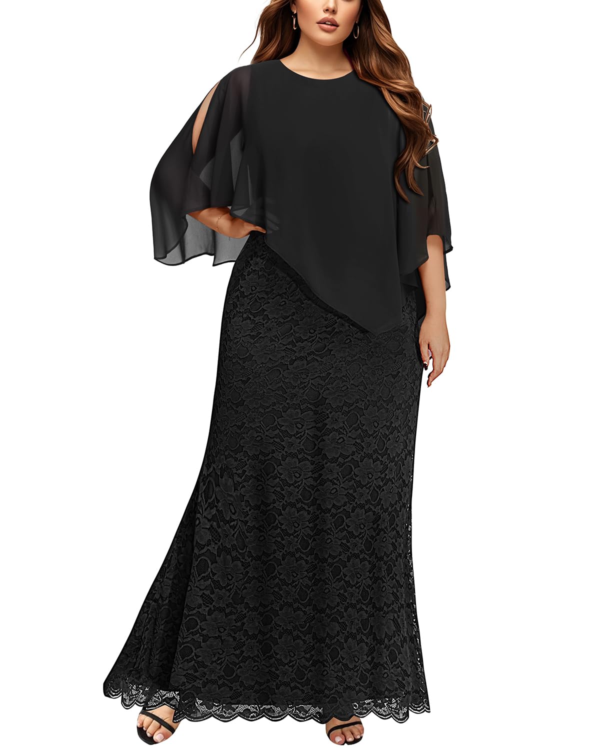 Elegant Plus Size Women's Cape Dress with Chiffon Overlay - Formal Evening Gown with Lace Details, Mermaid Silhouette Long Dress 2024 - Perfect for Weddings, Prom, Black Tie Events & Special Occasions