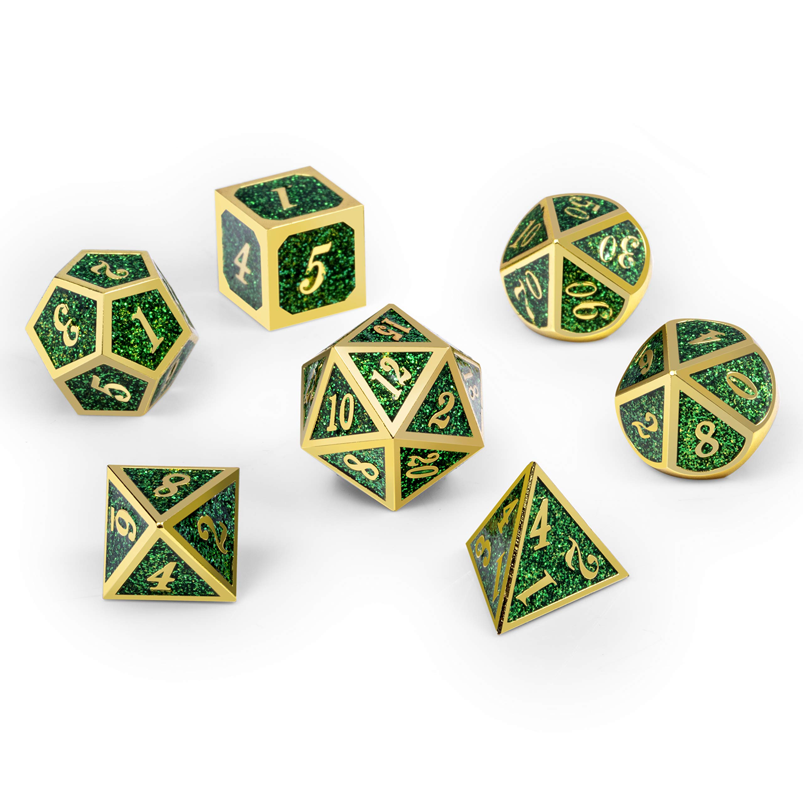 Premium Metal Dice Set for D&D - Glitter Green Heavy RPG Dice with Free Metal Case | Perfect for Dungeons & Dragons, Pathfinder & Tabletop Roleplaying Games
