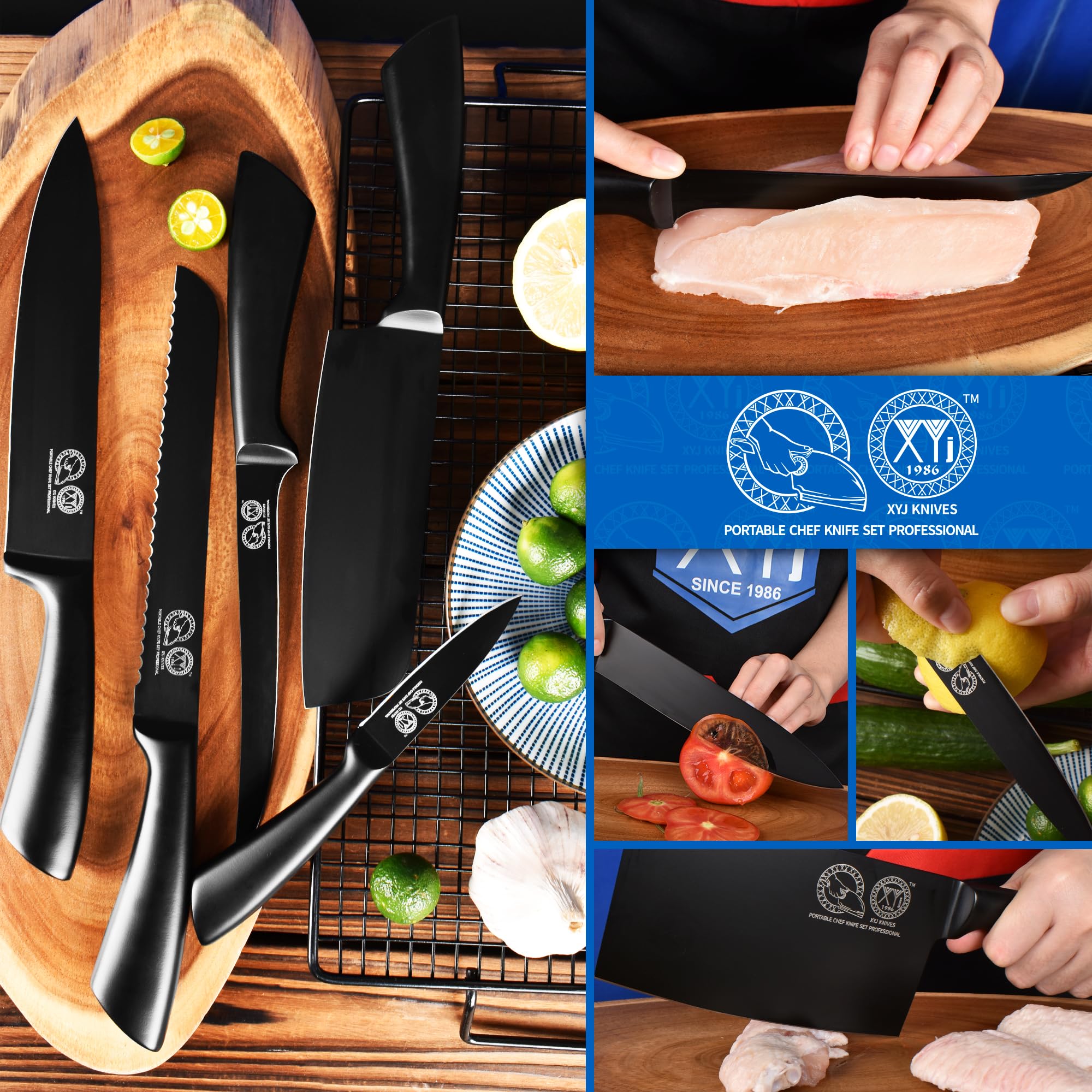XYJ Professional Chef Knife Set - High-Quality Meat Cleaver & Butcher Knives for Camping, Cooking & Outdoor Adventures - Includes Carrying Bag - Perfect Gift for Chefs, Men & Women (Full Black) - Ideal for Home Kitchens, BBQ Parties & Camping Trips