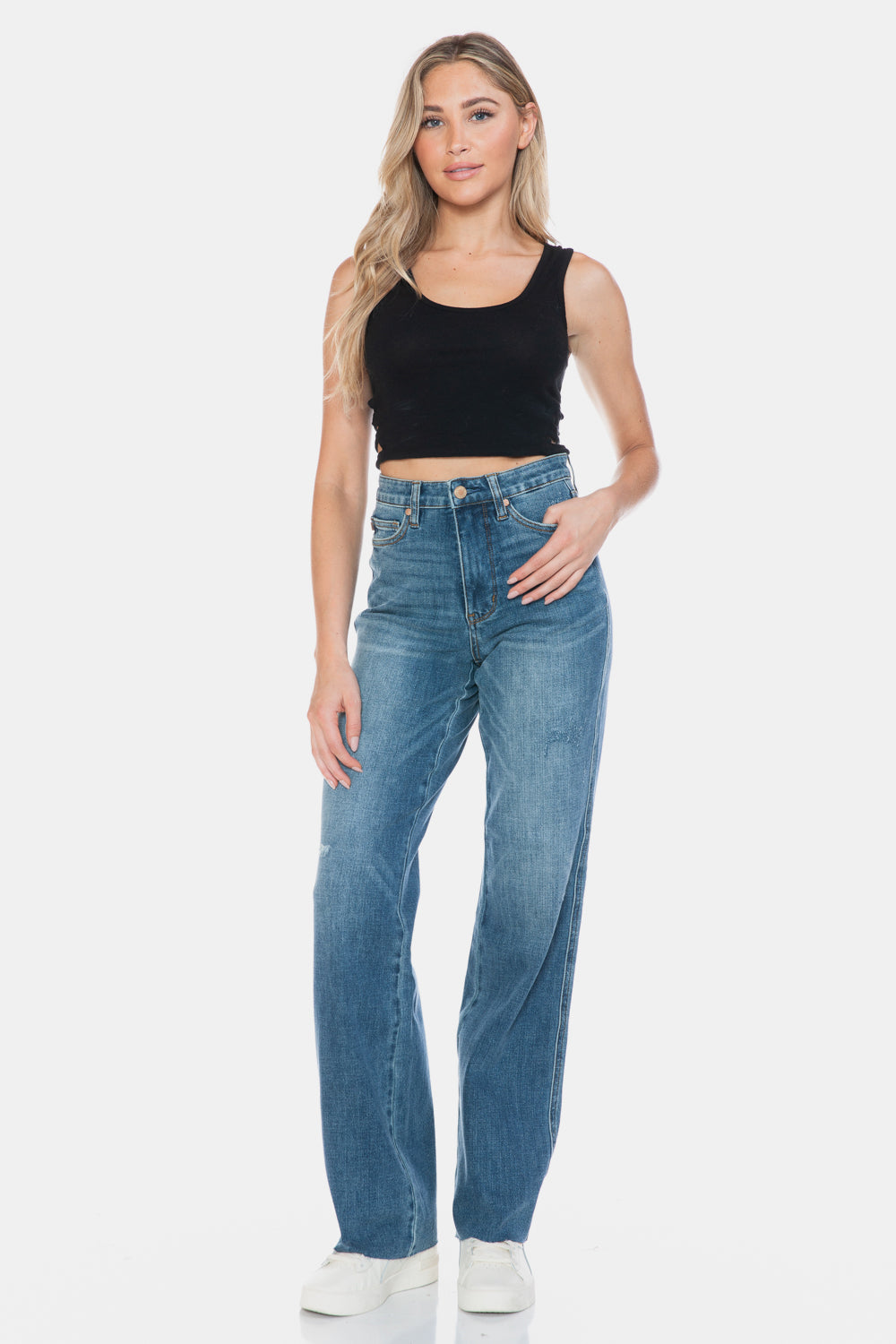 Judy Blue Women's High Waisted Tummy Control Straight Leg Jeans with Raw Hem - Comfortable Stretch Denim for Everyday Wear, Work & Casual Outings