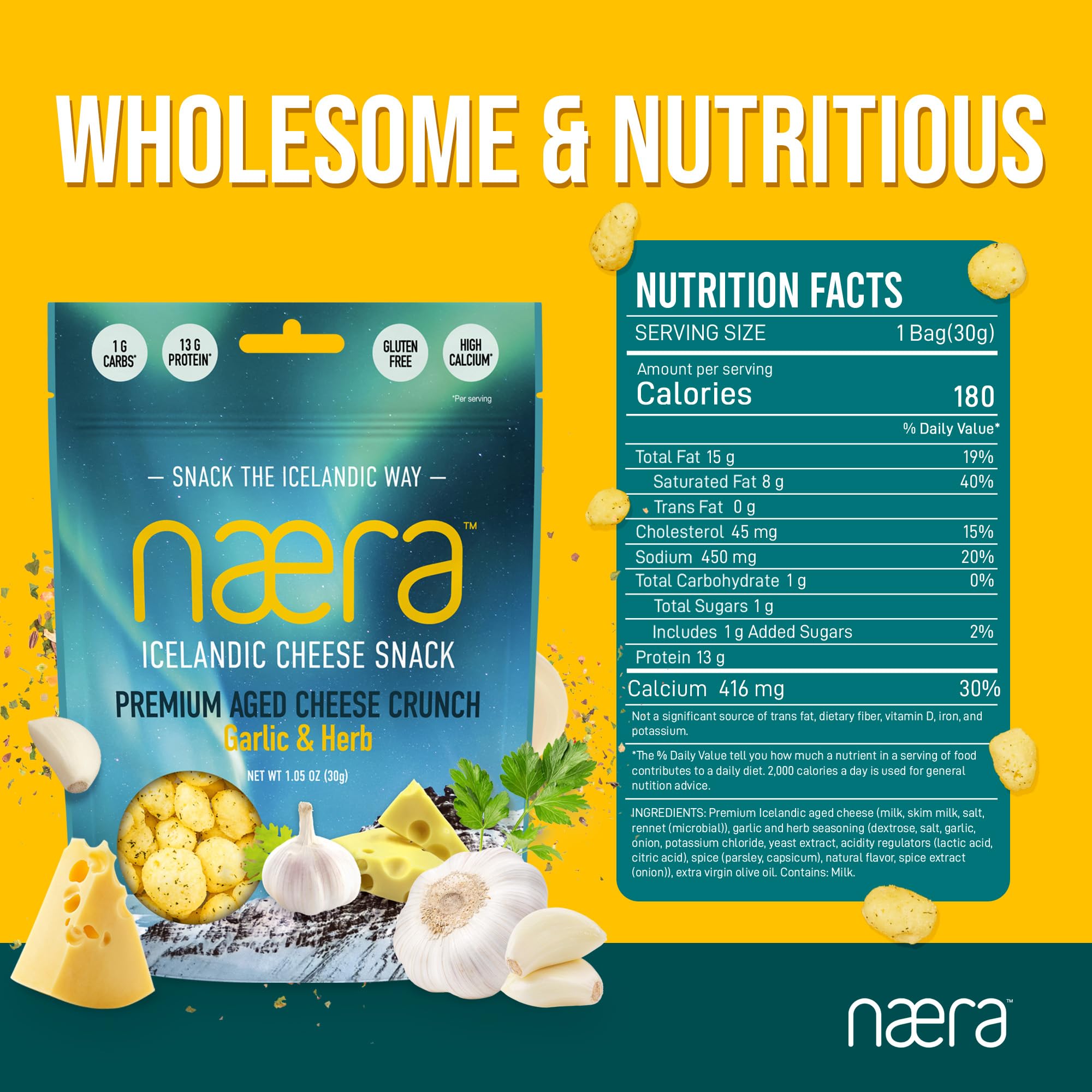 Næra Icelandic - Garlic & Herb Aged Cheese Crunch Protein Snacks | Keto Friendly, Gluten-Free, High Protein | All-Natural Snack for Adults & Kids (1.05 oz) | Perfect for On-the-Go, Lunchboxes & Low-Carb Diets