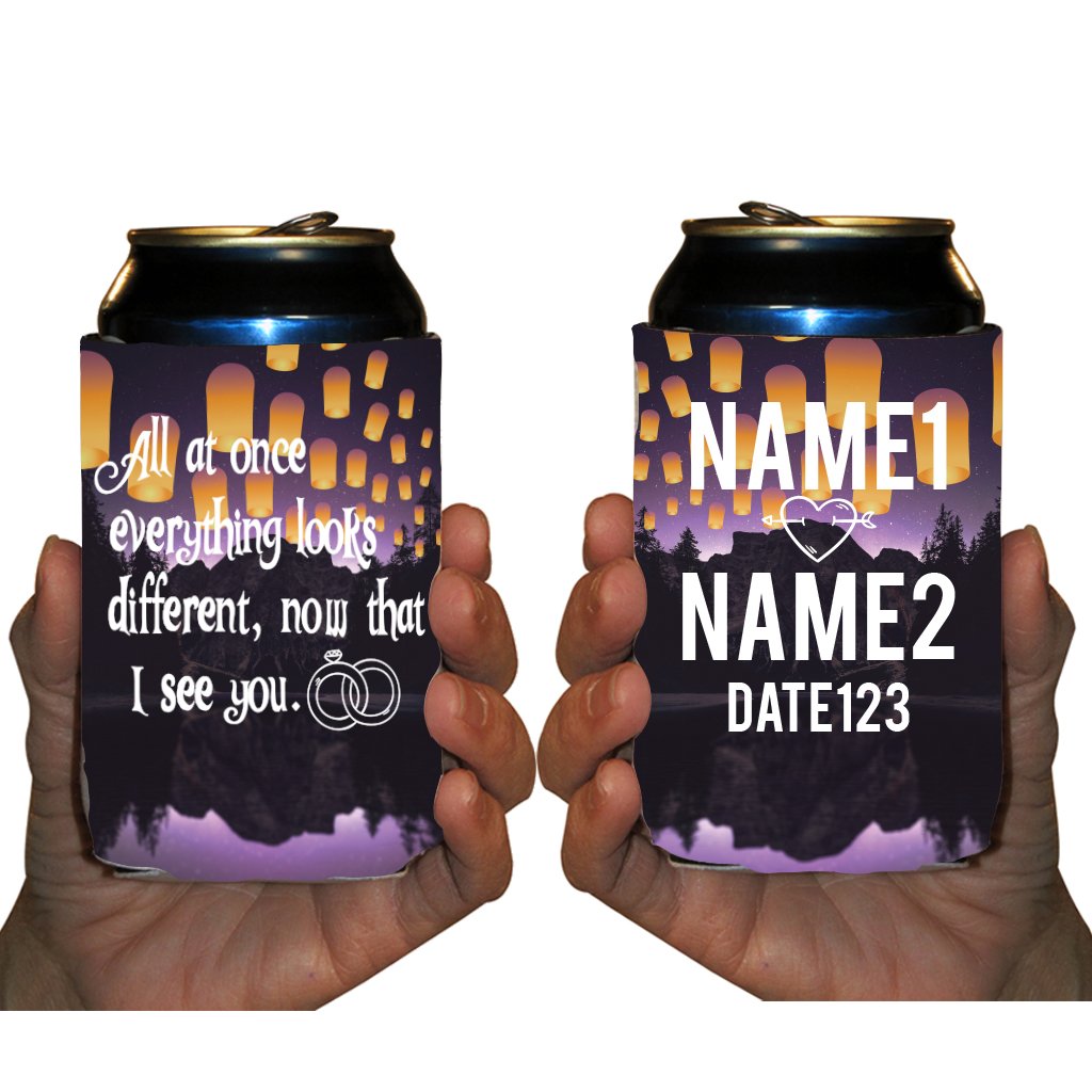 VictoryStore Custom Wedding Can & Beverage Coolers - Personalized Insulated Beer & Soda Can Holders for Parties, Picnics & Outdoor Events - 'All At Once Everything Looks Different...' Design
