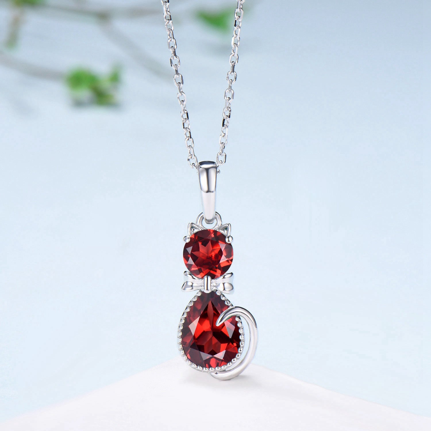 Art Deco Silver & White Gold Cat Garnet Pendant Necklace - January Birthstone Jewelry with Bow Charm, Unique Personalized Anniversary Gift for Women | Perfect for Birthday, Valentine's Day & Special Occasions