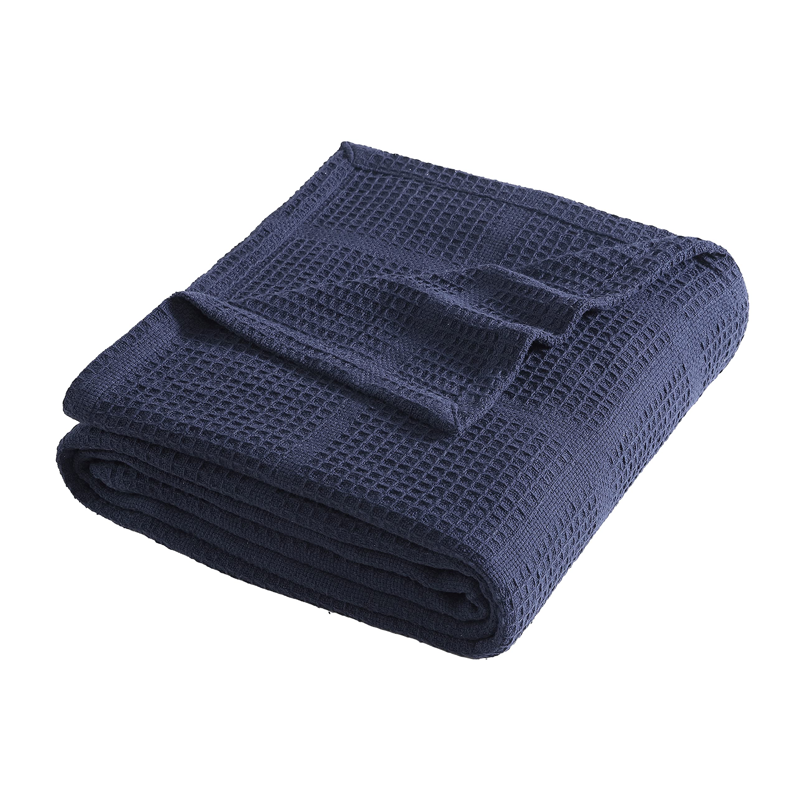Kenneth Cole Queen Size Waffle Weave Cotton Blanket - Lightweight All-Season Bedding for Home, Travel & Dorm - Navy Blue Cozy Throw (Queen) - Perfect for Sofa, Bed & Outdoor Picnics