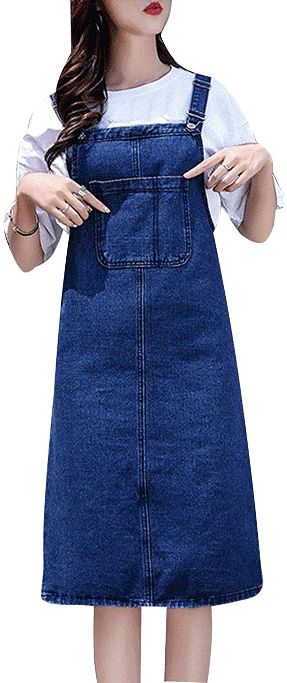 Women's Denim Pinafore Dress - A-Line Midi Bib Skirt with Adjustable Straps | Casual Overalls for Spring, Fall & Everyday Wear | Perfect for Work, Dates & Weekend Outings